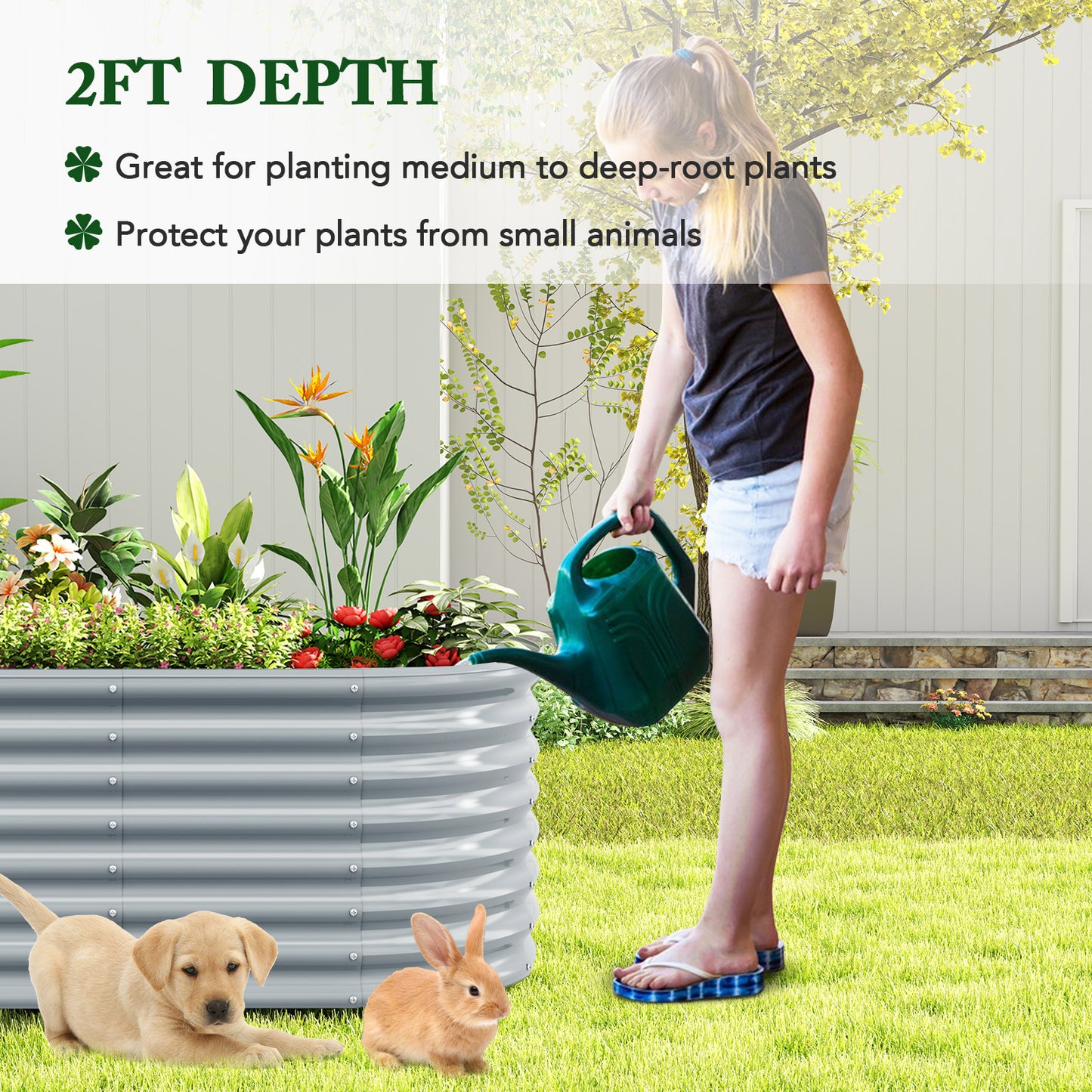 5 x 3 x 2 Feet Metal Oval Raised Garden Bed with Open Bottom Design-Gray