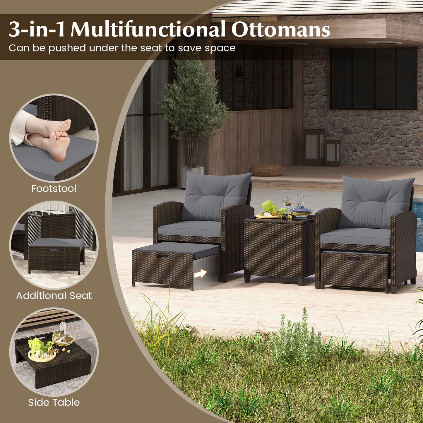 5 Pieces Patio Rattan Furniture with 2 Ottomans and Tempered Glass Coffee Table-Gray