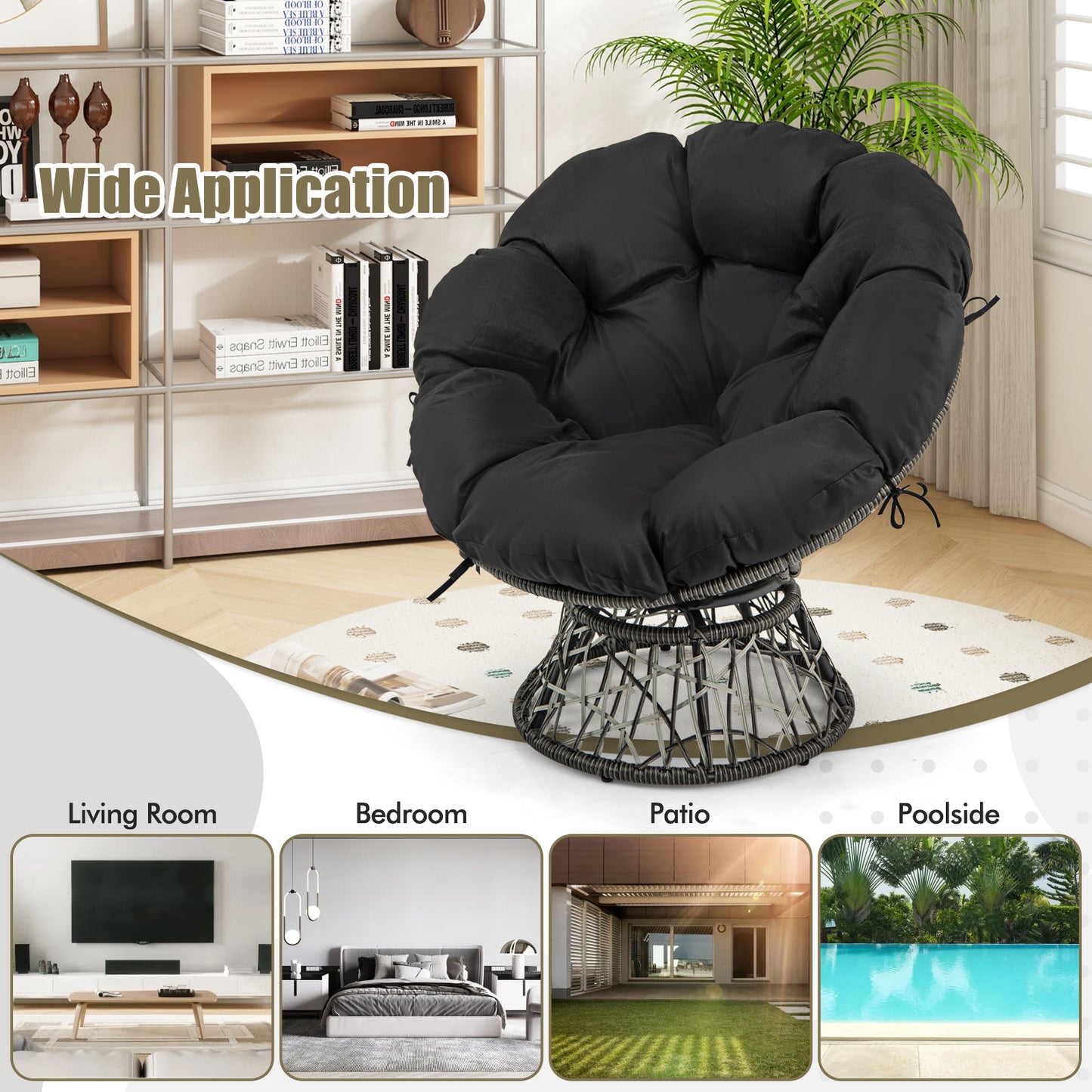 PE Wicker Papasan Chair with Thick and Removable Cushion-Black