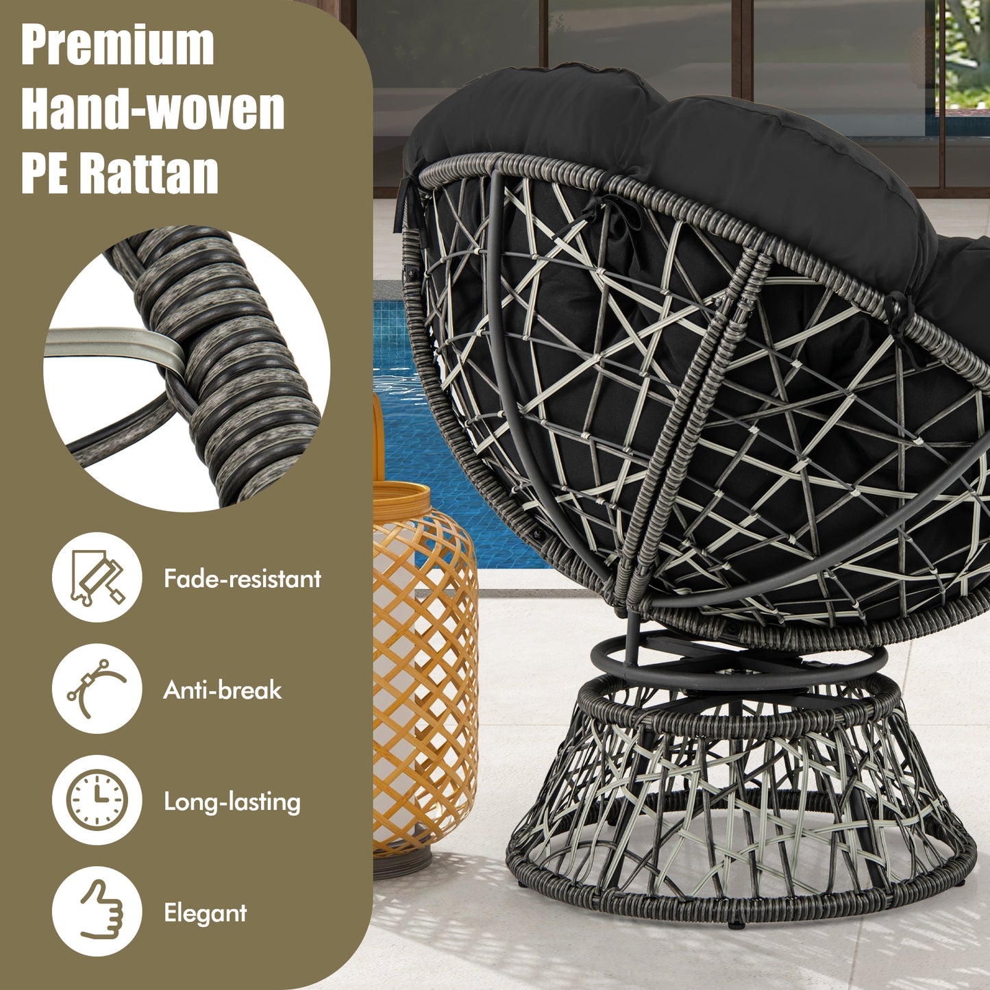PE Wicker Papasan Chair with Thick and Removable Cushion-Black