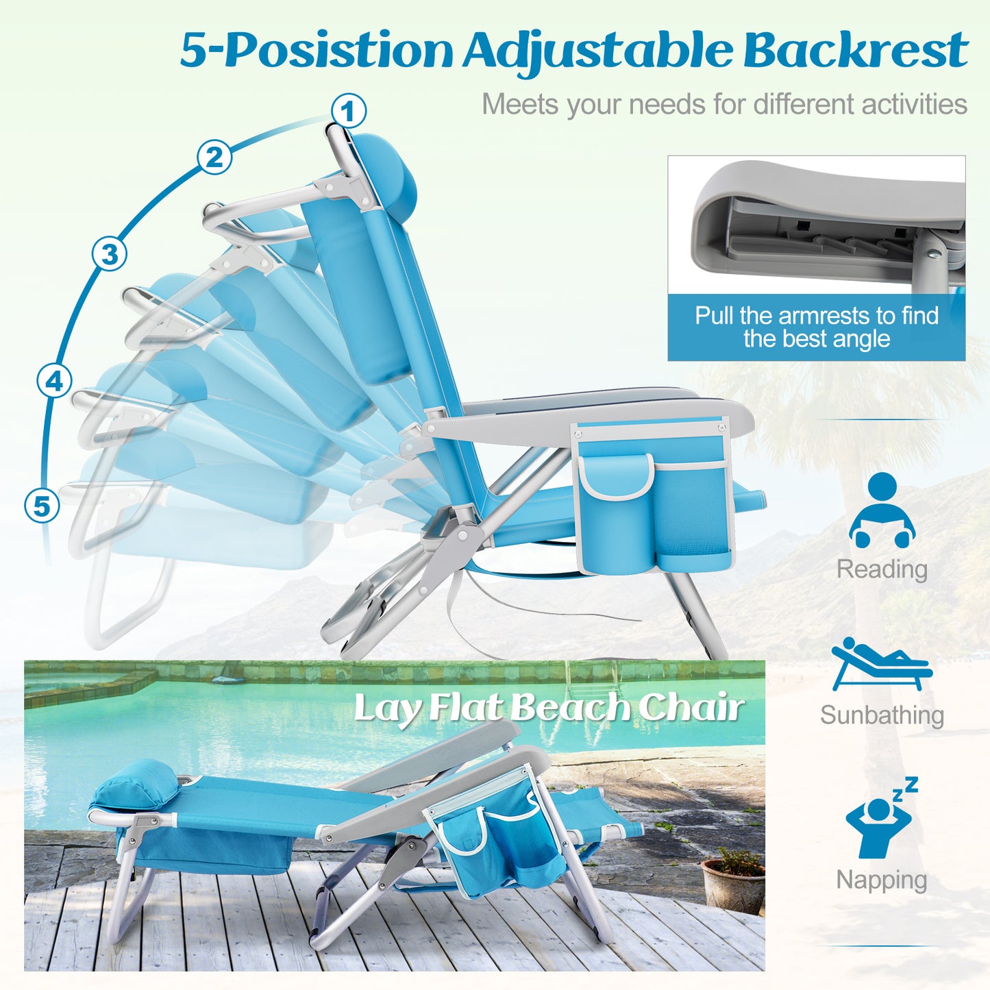 Foldable Backpack Beach Chair with Cup Holder and Storage Pockets Set of 2-Blue