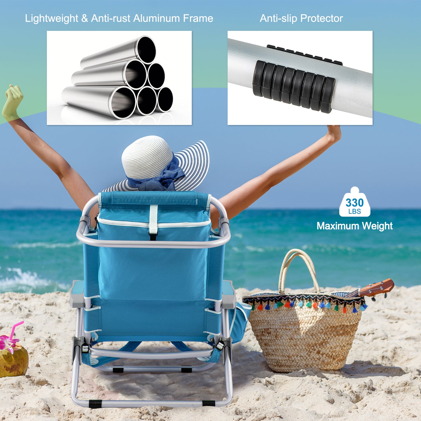 Foldable Backpack Beach Chair with Cup Holder and Storage Pockets Set of 2-Blue