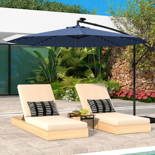 10 Ft Solar LED Offset Umbrella with 40 Lights and Cross Base for Patio-Blue