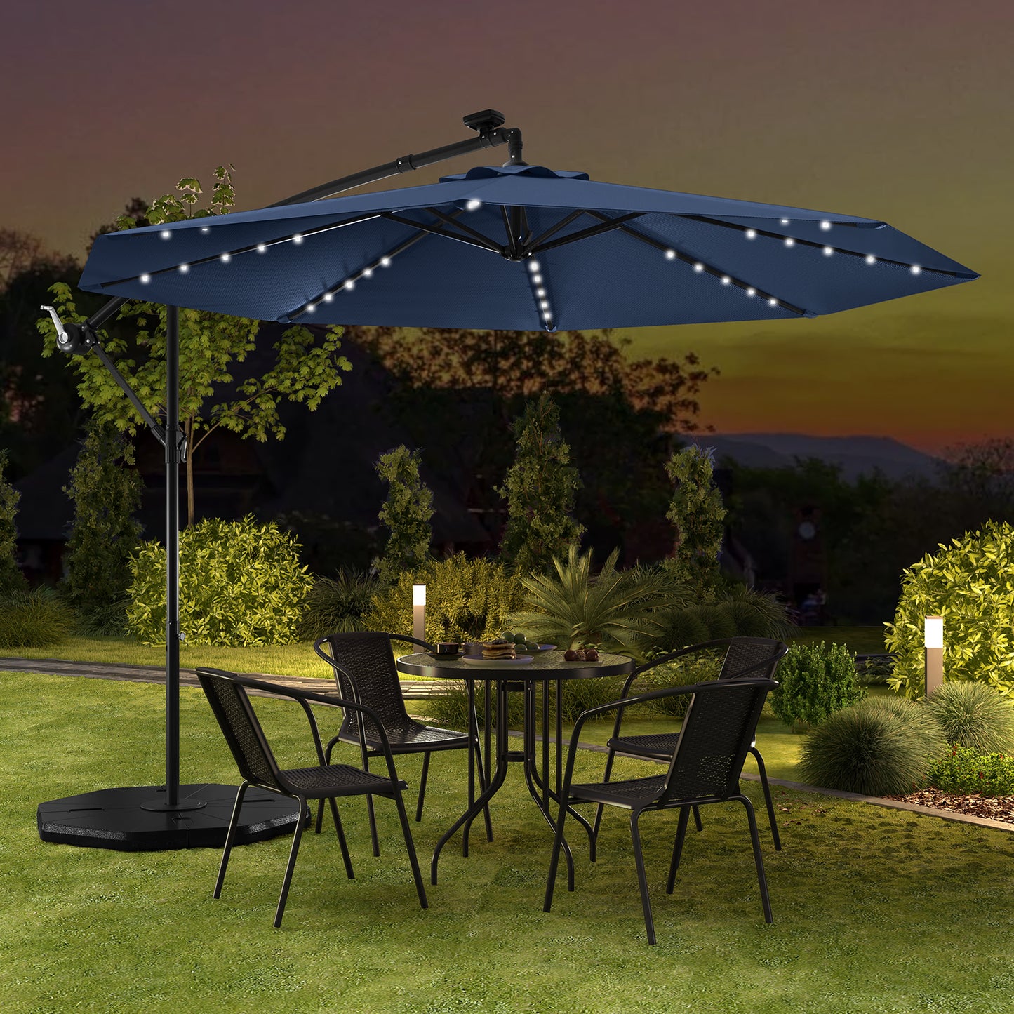 10 Ft Solar LED Offset Umbrella with 40 Lights and Cross Base for Patio-Blue
