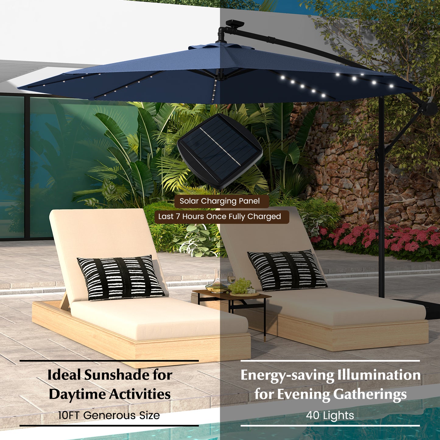 10 Ft Solar LED Offset Umbrella with 40 Lights and Cross Base for Patio-Blue