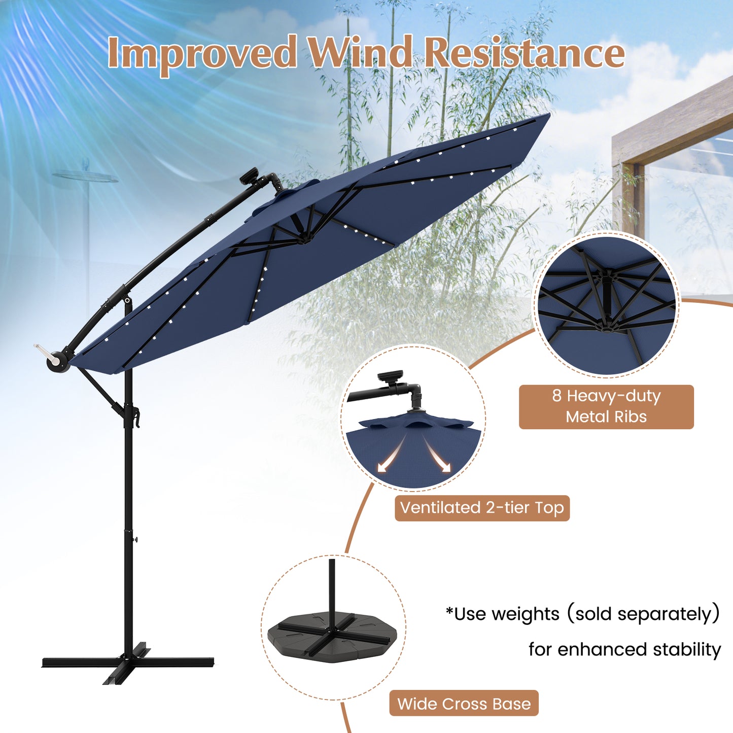 10 Ft Solar LED Offset Umbrella with 40 Lights and Cross Base for Patio-Blue