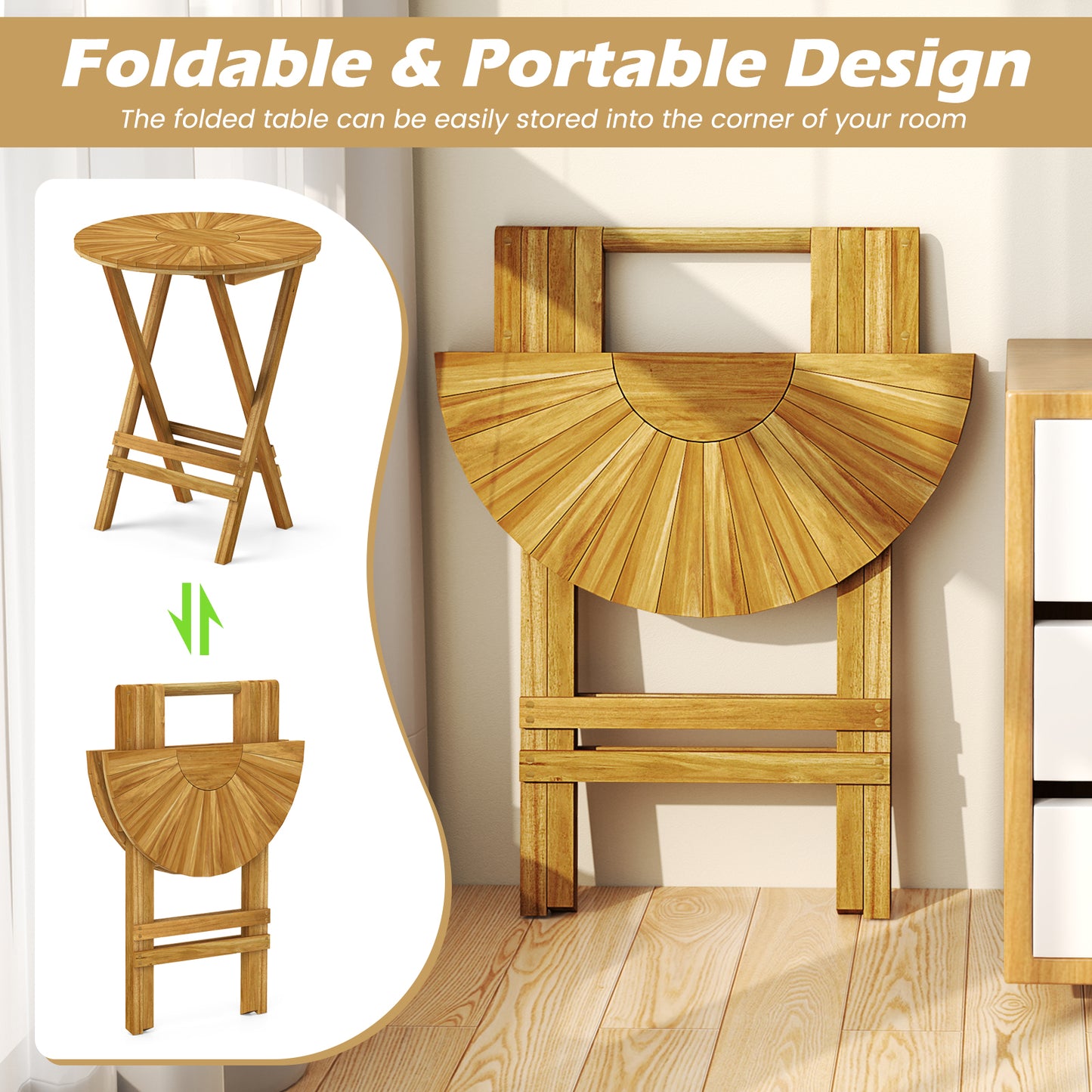 Patio Folding Side Table Teak Wood Round End Table with Slatted Tabletop and X-Shaped Frame