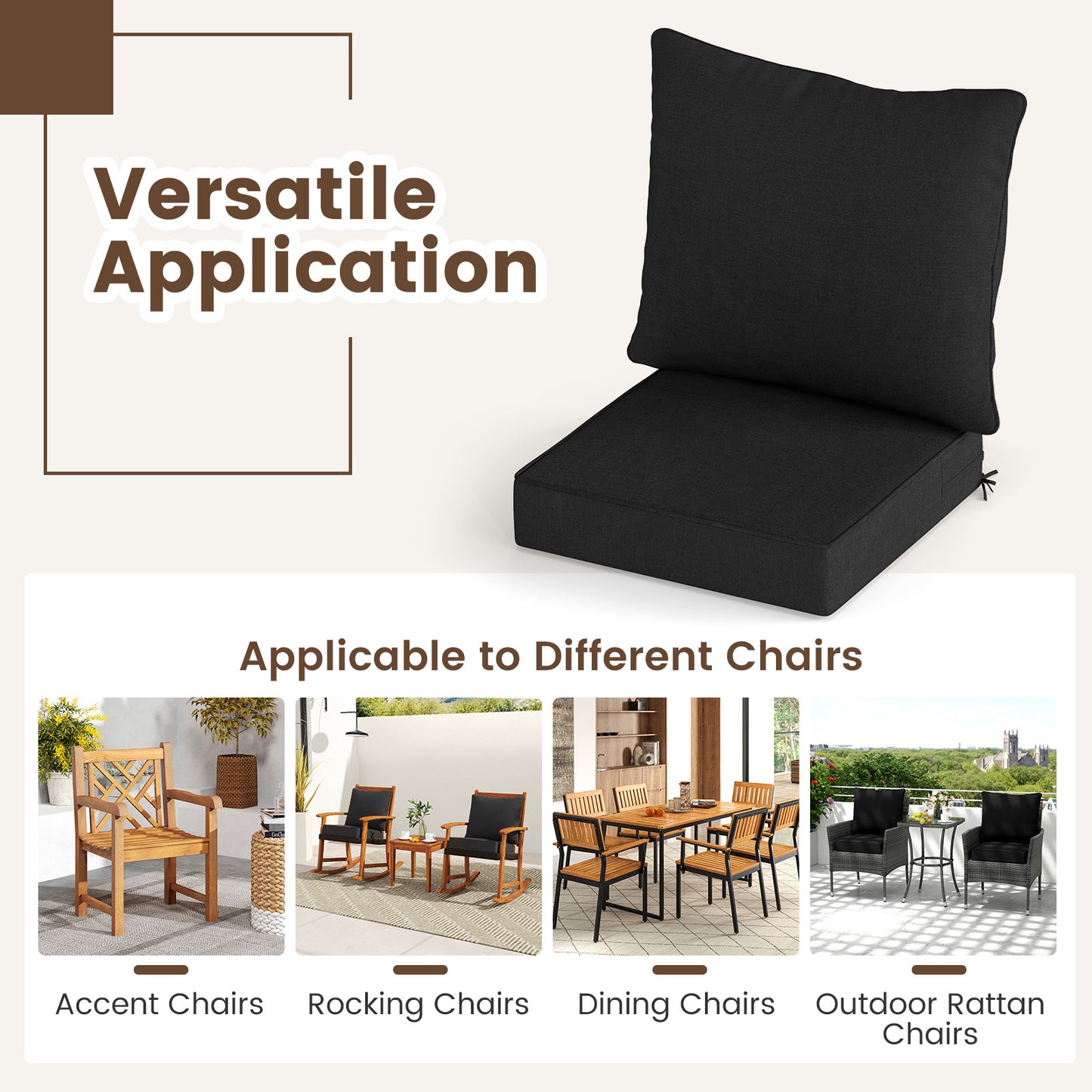 Deep Seat Chair Cushion Pads Set with Rope Belts for Indoor and Outdoor-Black