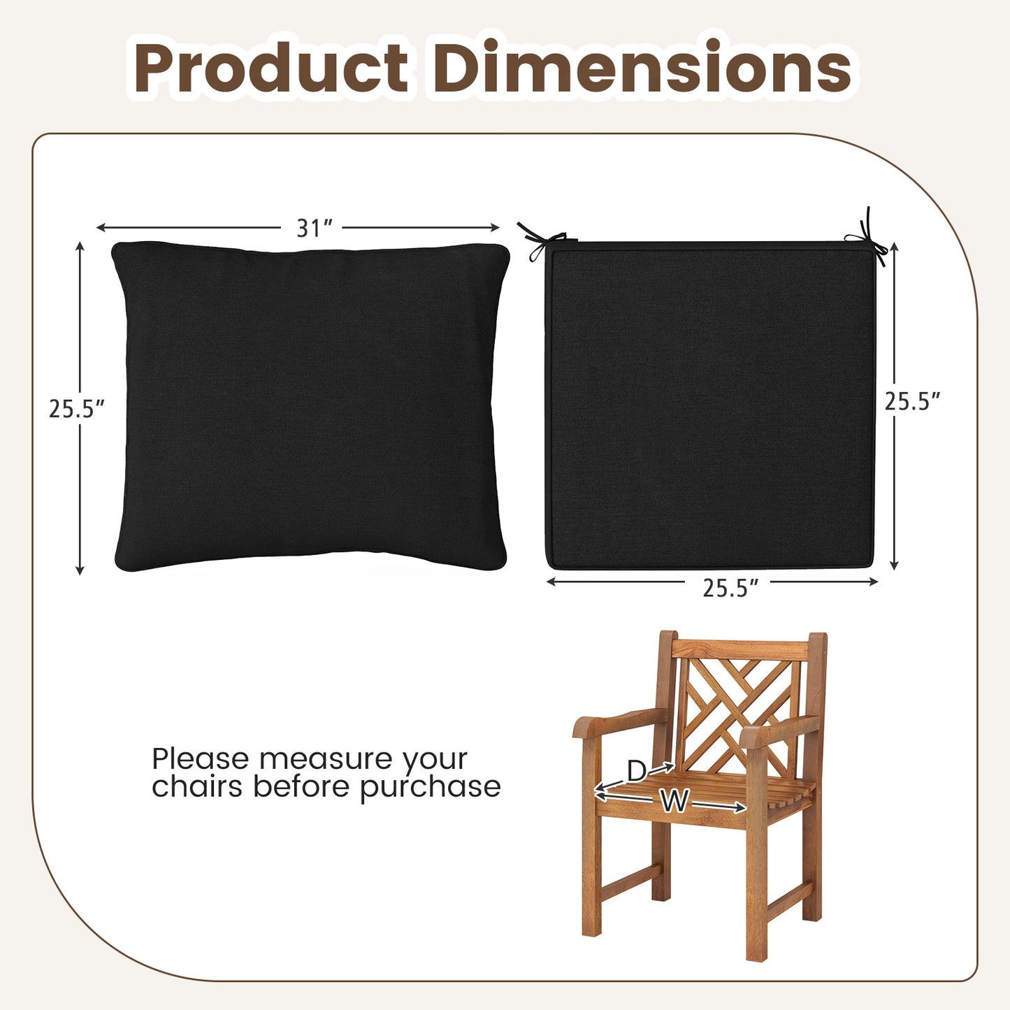 Deep Seat Chair Cushion Pads Set with Rope Belts for Indoor and Outdoor-Black