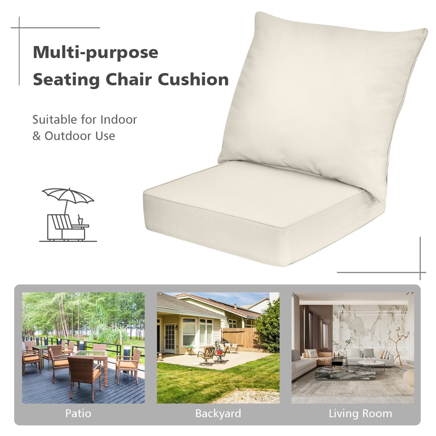 Deep Seat Chair Cushion Pads Set with Rope Belts for Indoor and Outdoor-Beige