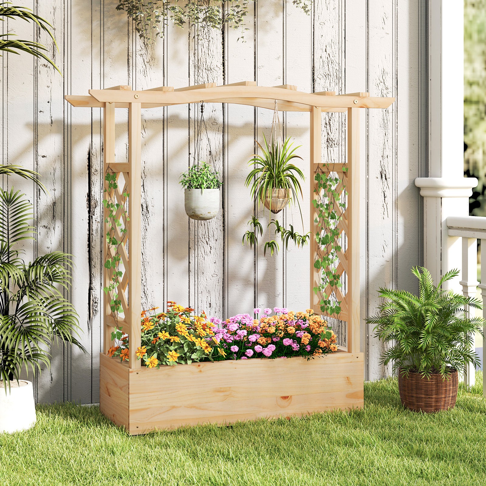 wood planter raised bed with trellis Wooden Raised Garden Bed Planter Box with Trellis and Hanging Roof – LUV MY PATIO