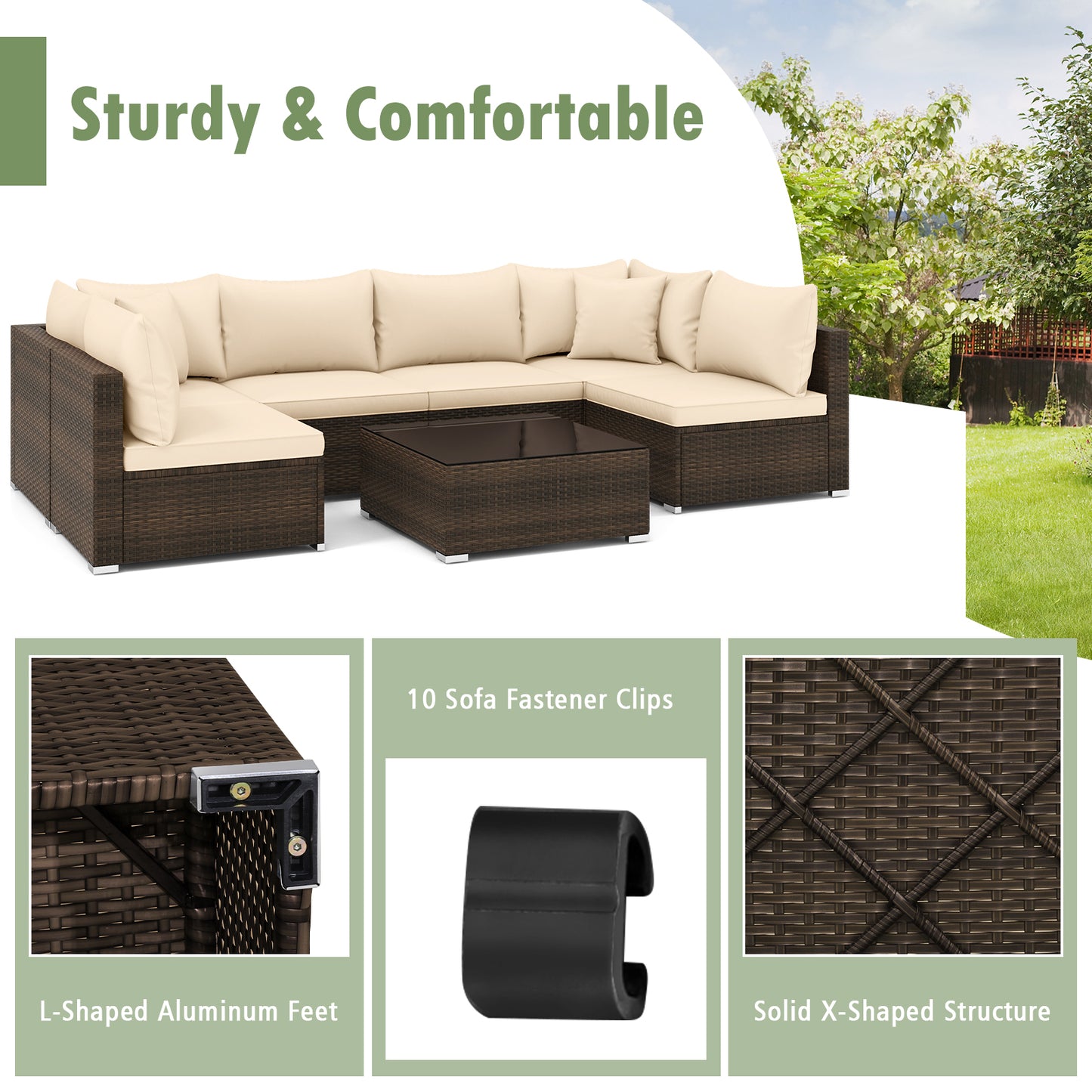7 Pieces Patio Rattan Furniture Set with Sectional Sofa Cushions-Beige