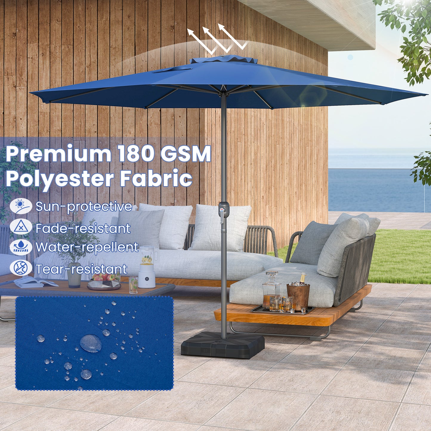 12 Feet Patio Umbrella with Crank Handle and 8 Sturdy Ribs-Navy
