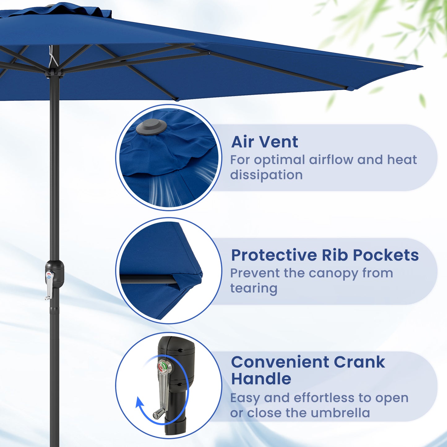 12 Feet Patio Umbrella with Crank Handle and 8 Sturdy Ribs-Navy