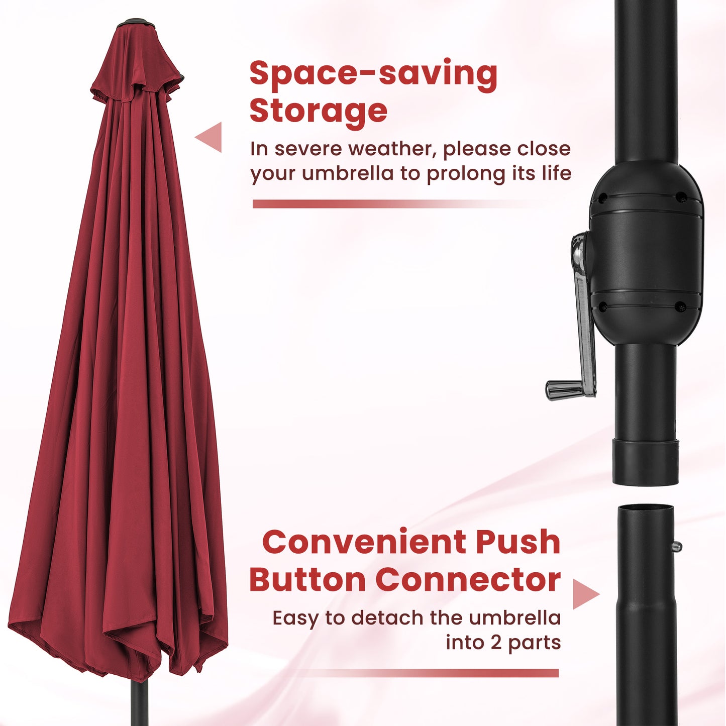 12 Feet Patio Umbrella with Crank Handle and 8 Sturdy Ribs-Red