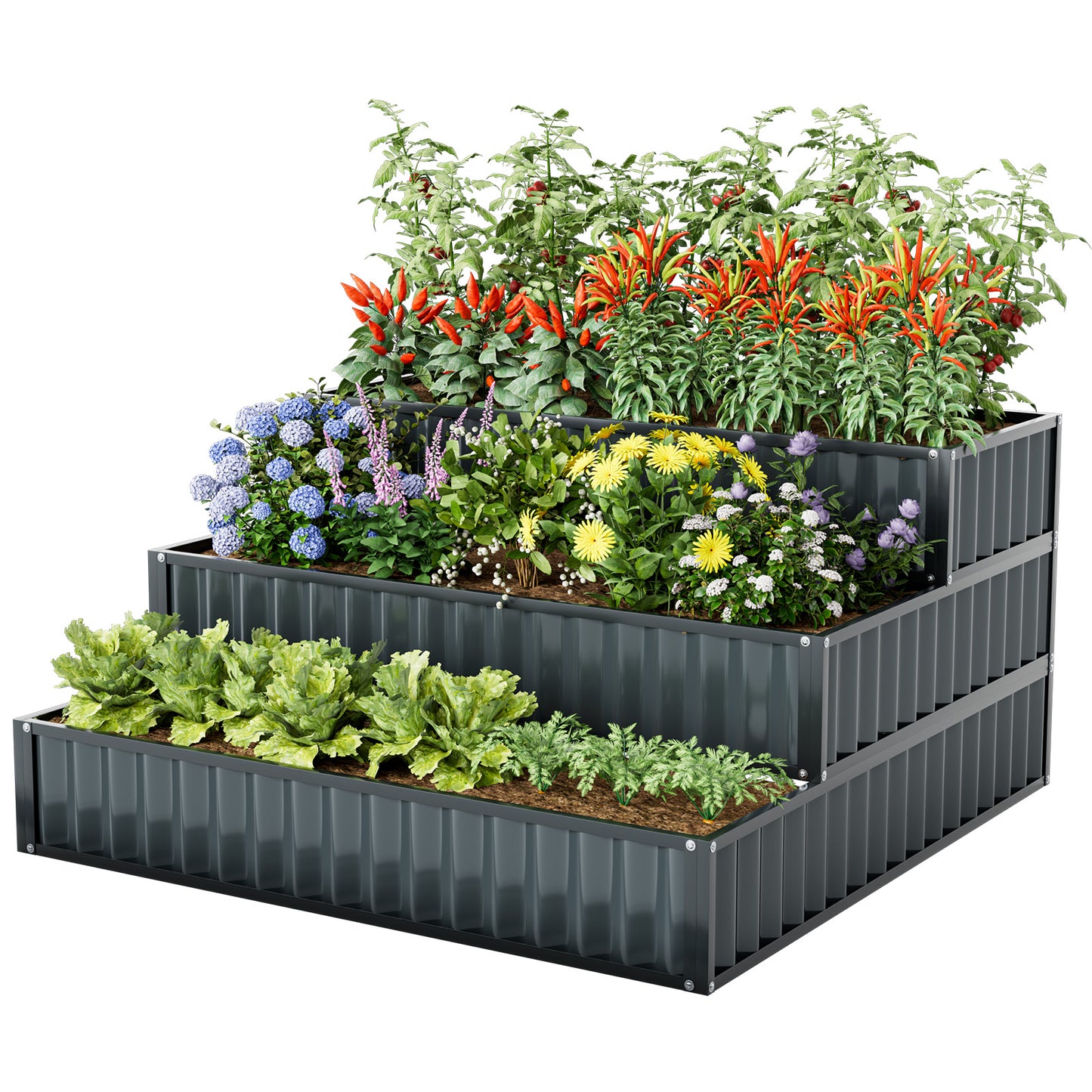 Heavy-Duty Metal Outdoor 3-Tier Raised Garden Bed Planter Box-Black