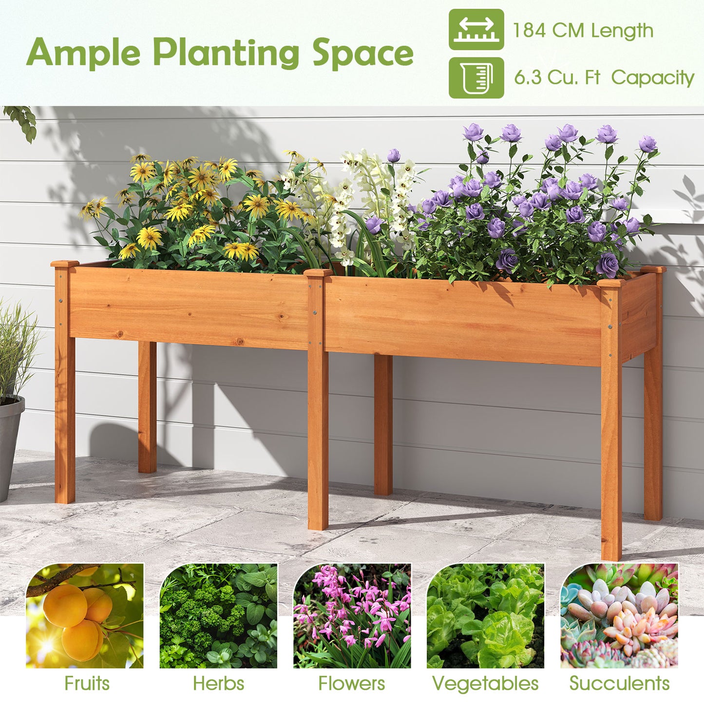 Fir Wood Outdoor Raised Garden Bed with Divider Panel and Drainage Holes-Yellow