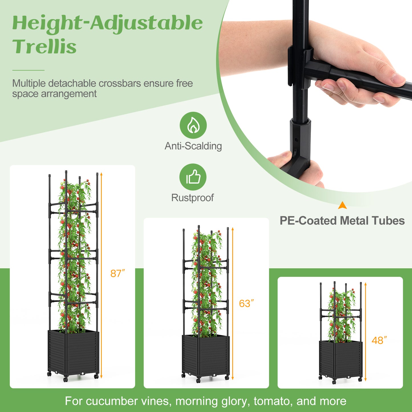 Raised Garden Bed with Obelisk Trellis and 3 Heights & Detachable PE-Coated Metal Tubes-Black
