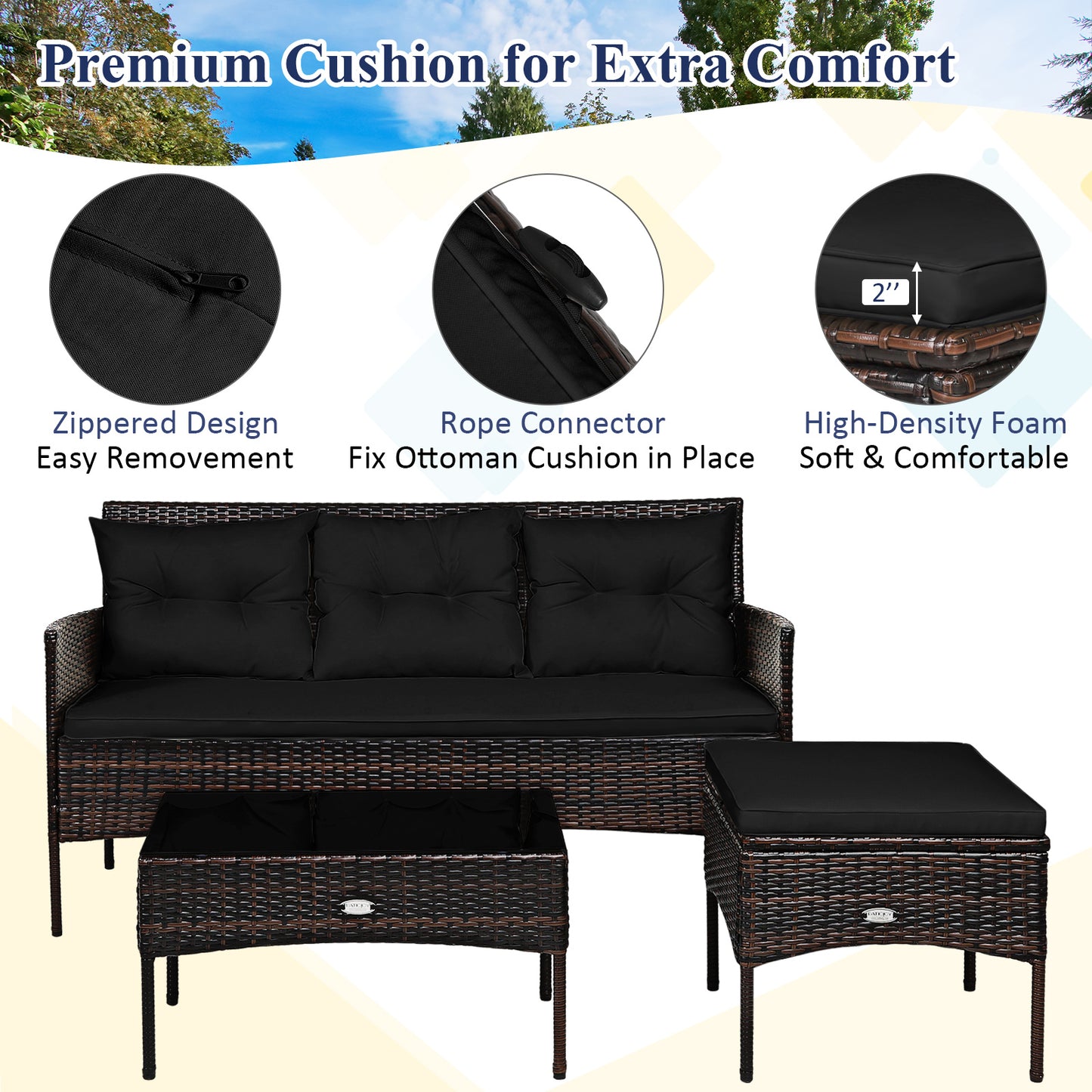 3 Pieces Patio Furniture Sectional Set with 5 Cozy Cushions-Black