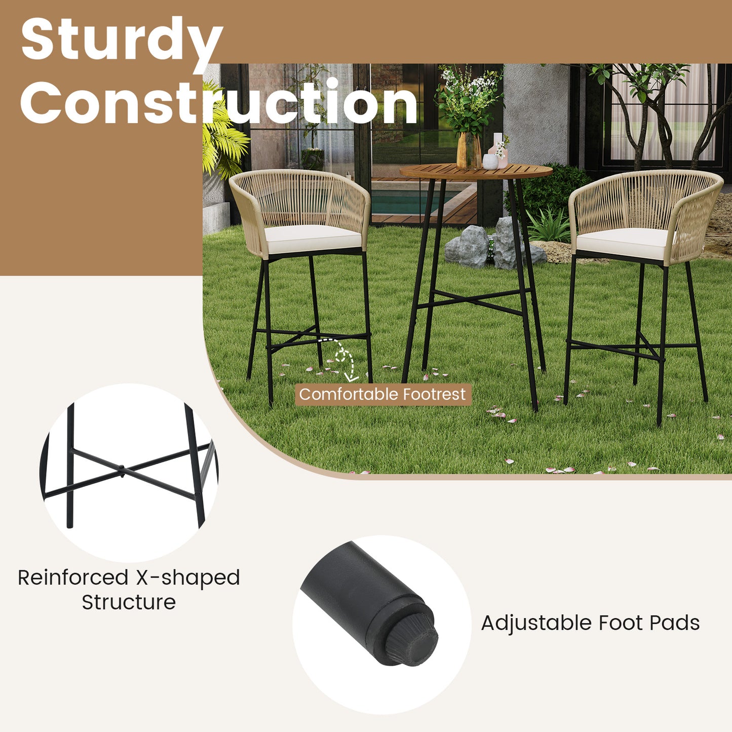 3 Pieces Rope Woven Patio Bar Set with Soft Cushions and Acacia Wood Tabletop-Beige