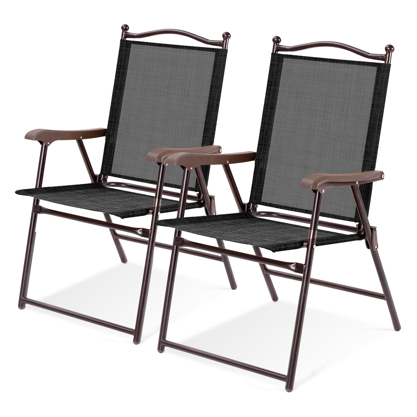 Set of 2 Patio Folding Sling Back Camping Deck Chairs-Coffee