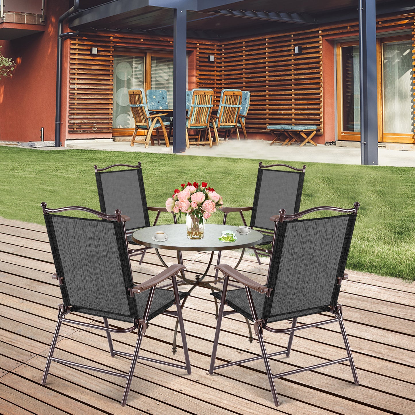 Set of 2 Patio Folding Sling Back Camping Deck Chairs-Coffee