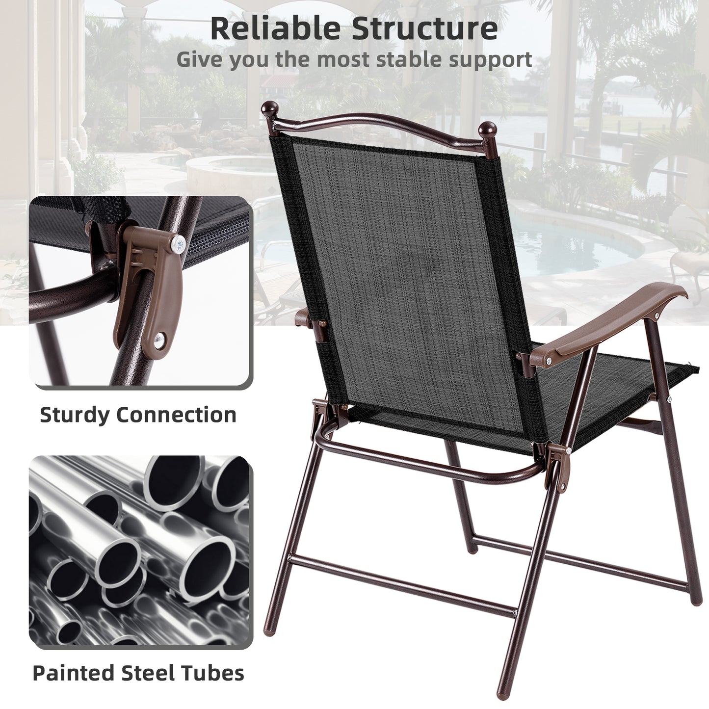 Set of 2 Patio Folding Sling Back Camping Deck Chairs-Coffee