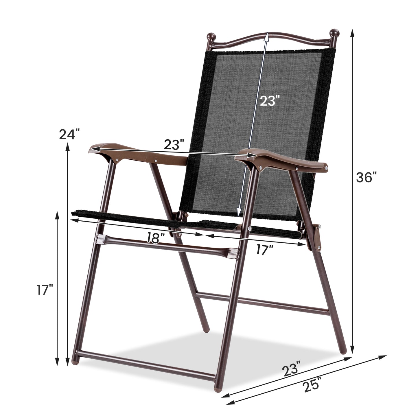 Set of 2 Patio Folding Sling Back Camping Deck Chairs-Coffee