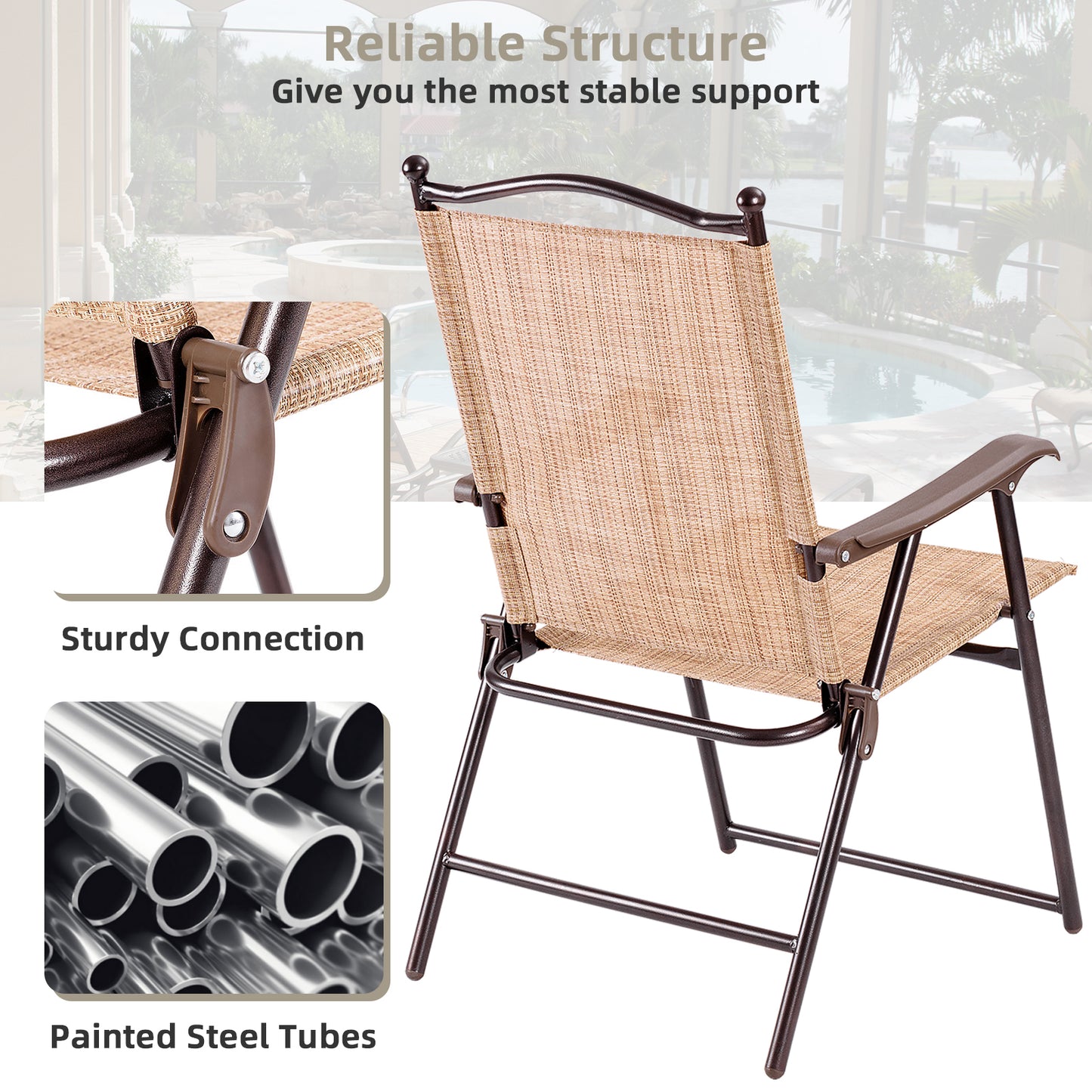 Set of 2 Patio Folding Sling Back Camping Deck Chairs-Beige