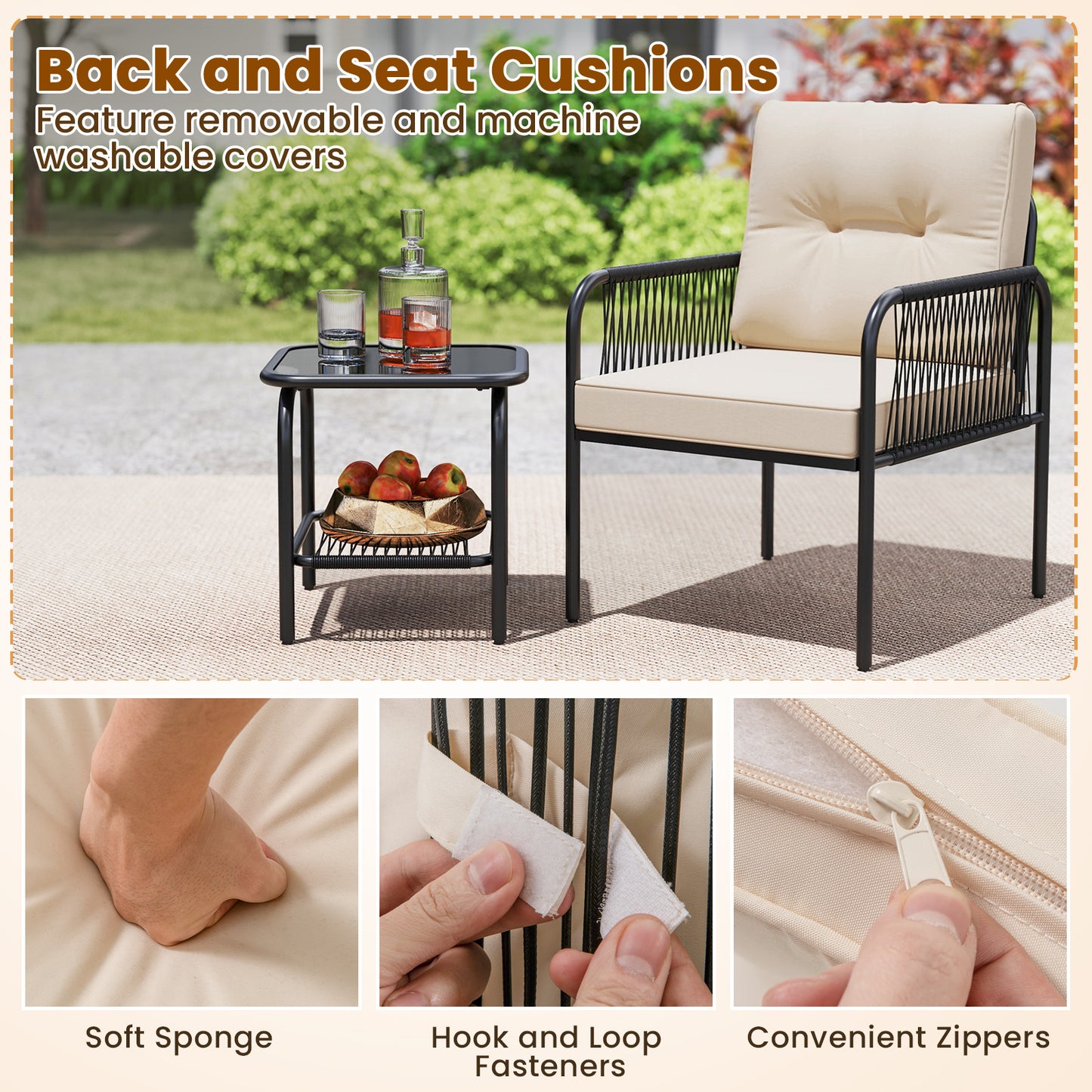 3 Pieces Patio Bistro PE Outdoor Wicker Rattan Furniture Conversation Set-Beige