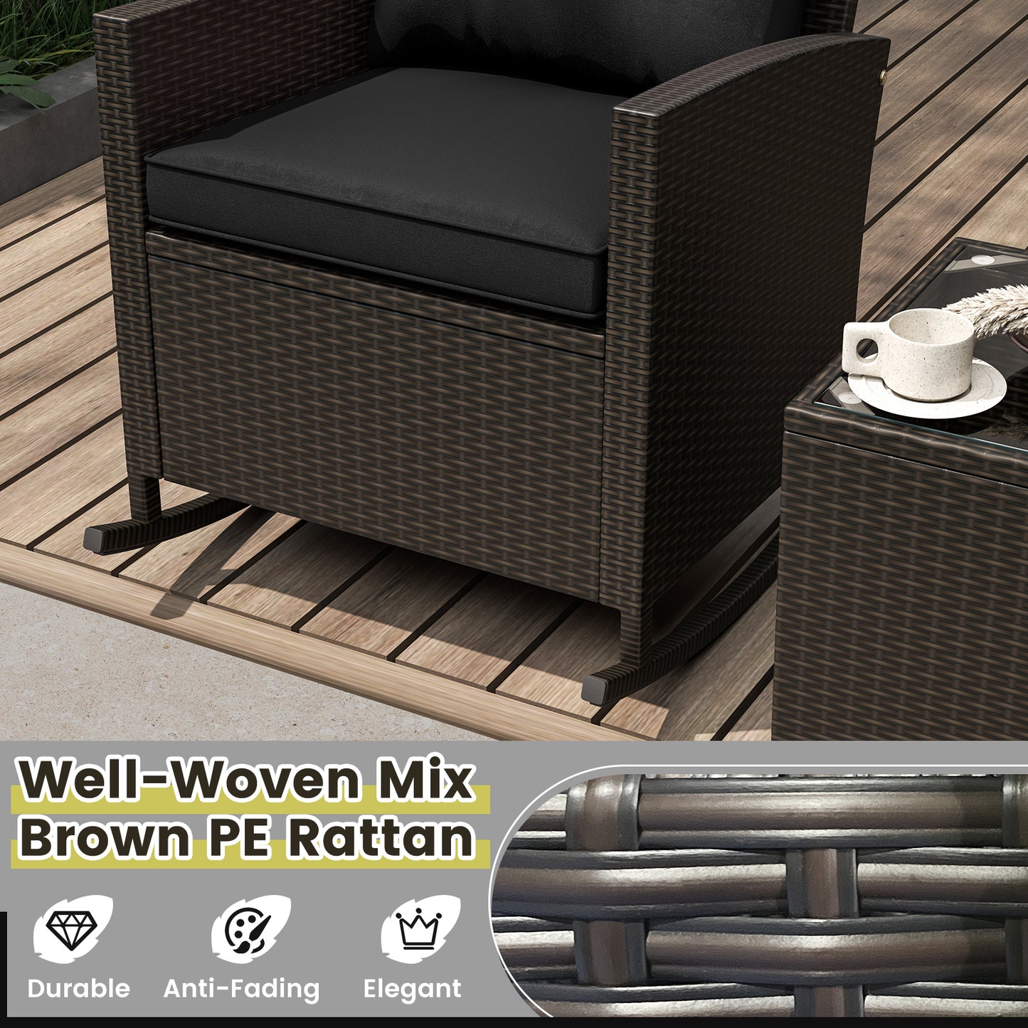 3-Piece Patio Rattan Roker Chairs with Tempered Glass Table and Soft Cushions-Black