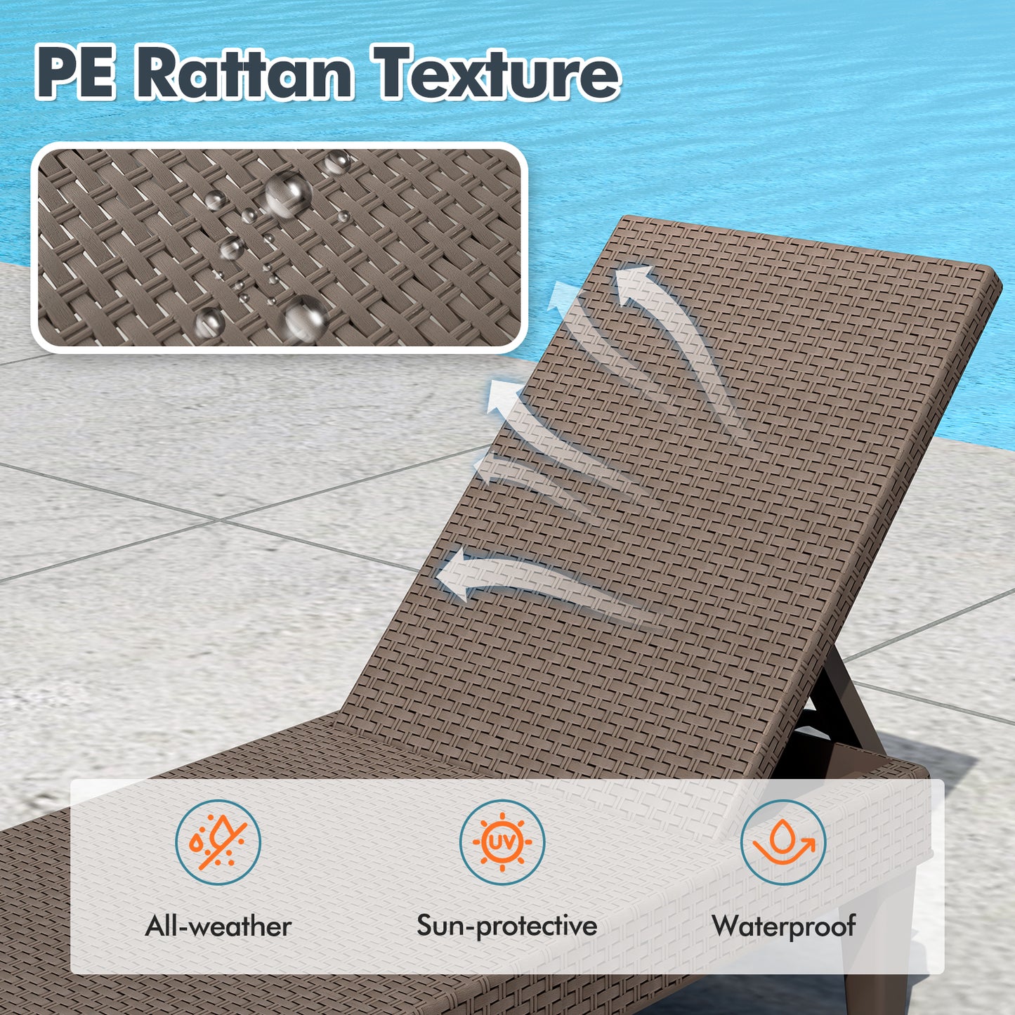 Outdoor Chaise Lounger Chair with Waterproof Rattan Textured PP Surface and 330 lbs Capacity-Brown