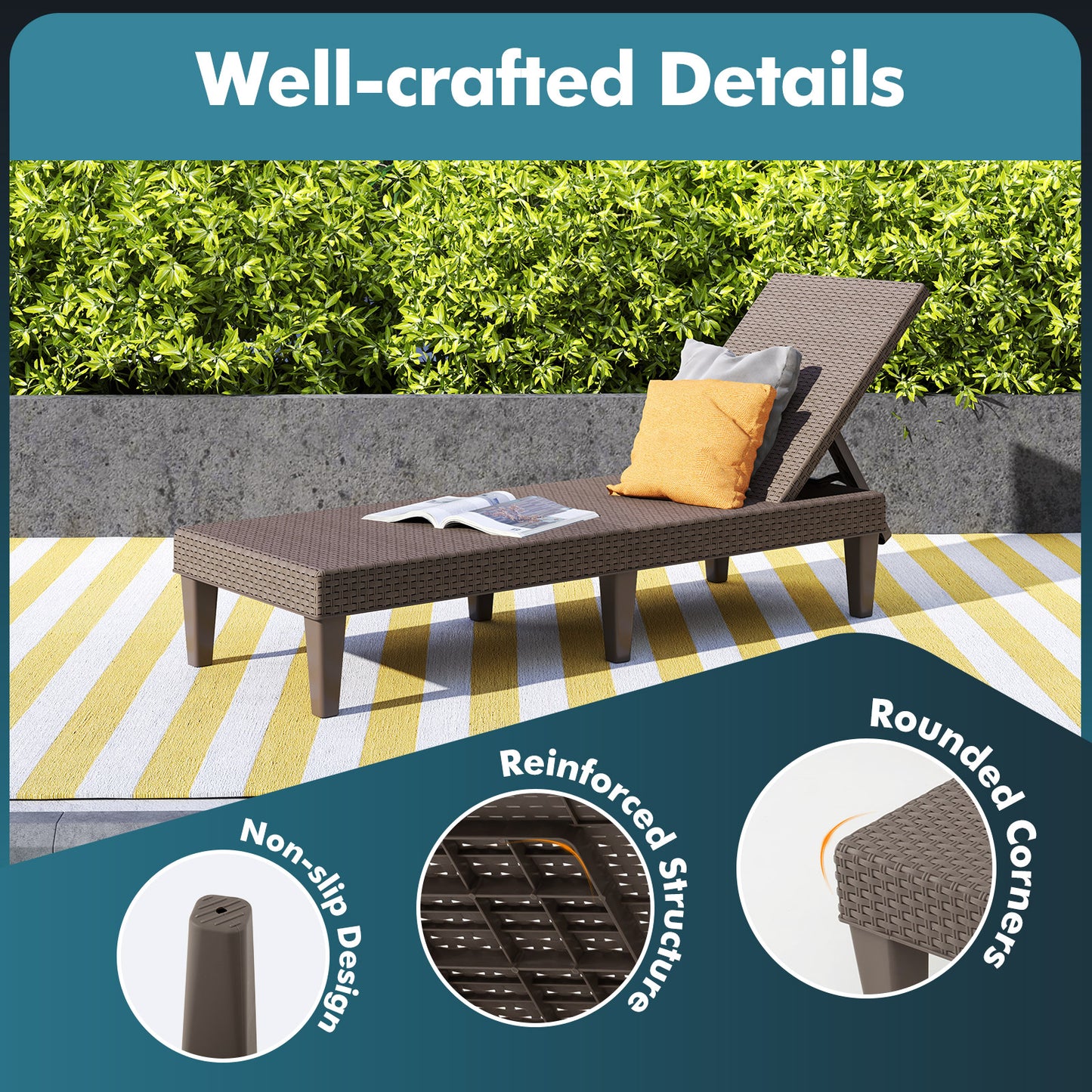 Outdoor Chaise Lounger Chair with Waterproof Rattan Textured PP Surface and 330 lbs Capacity-Brown