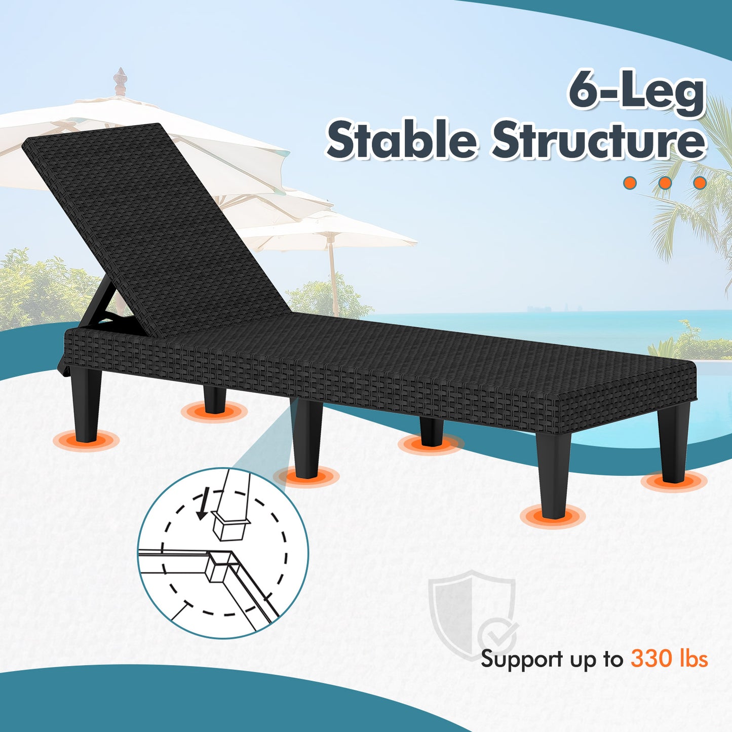 Outdoor Chaise Lounger Chair with Waterproof Rattan Textured PP Surface and 330 lbs Capacity-Black