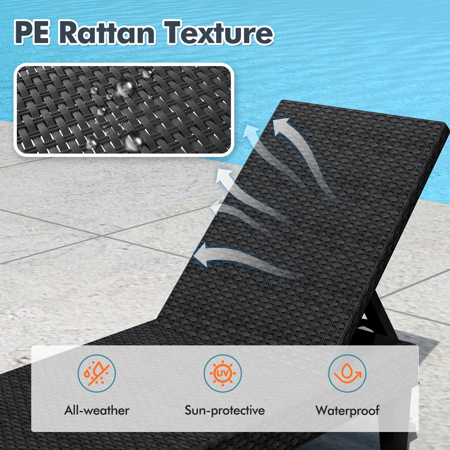 Outdoor Chaise Lounger Chair with Waterproof Rattan Textured PP Surface and 330 lbs Capacity-Black