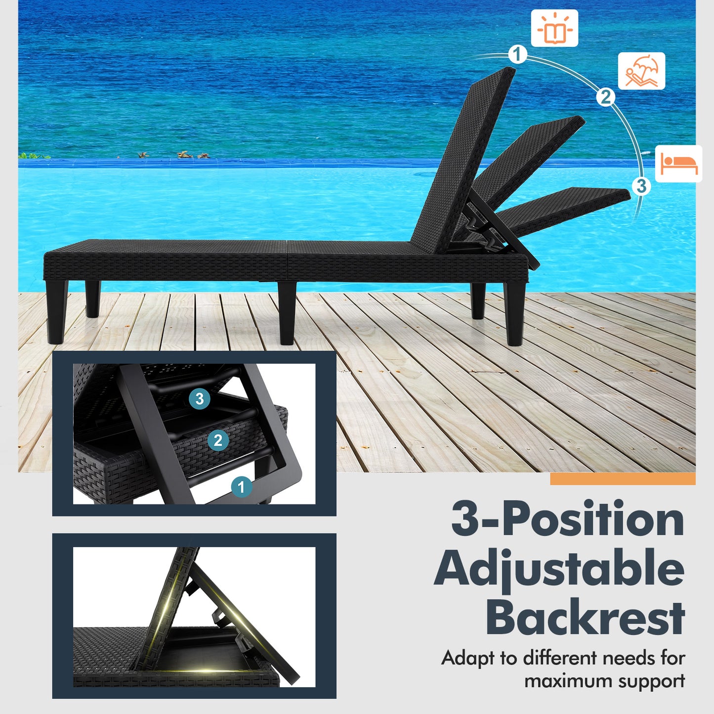 Outdoor Chaise Lounger Chair with Waterproof Rattan Textured PP Surface and 330 lbs Capacity-Black