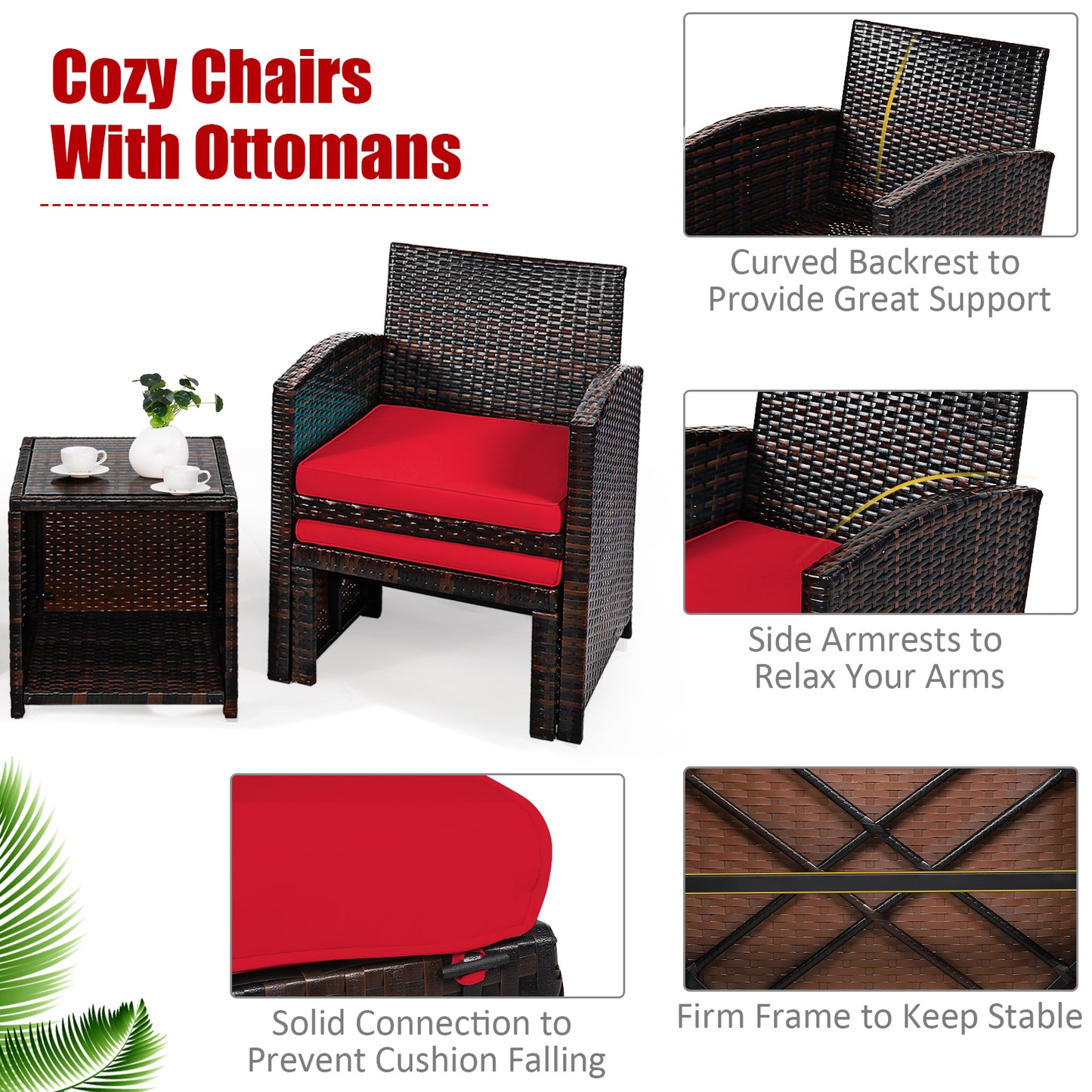 5 Pieces Patio Rattan Furniture Set with Ottoman and Tempered Glass Coffee Table-Red