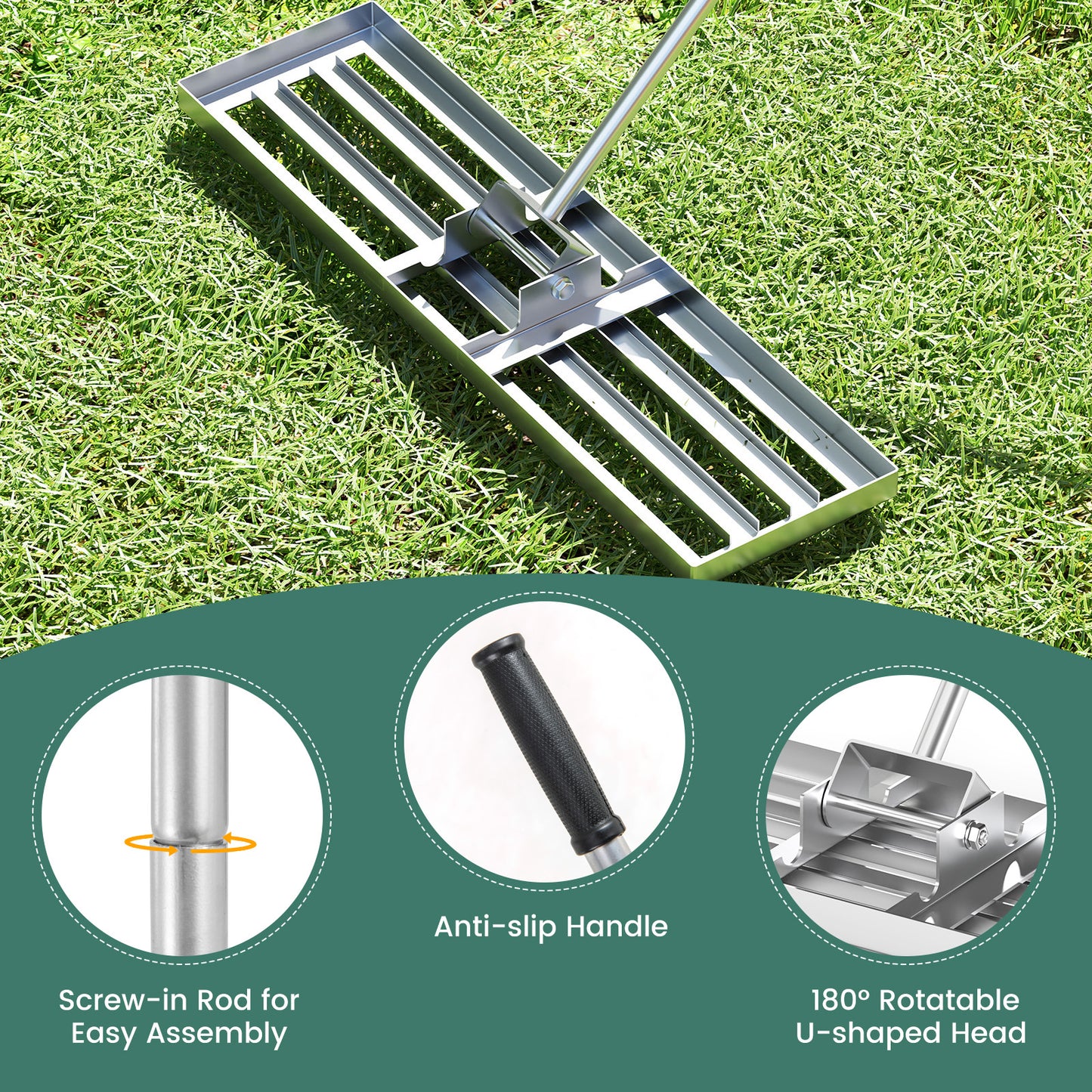 36 x 10 Inch Lawn Leveling Rake with Ergonomic Handle-Silver