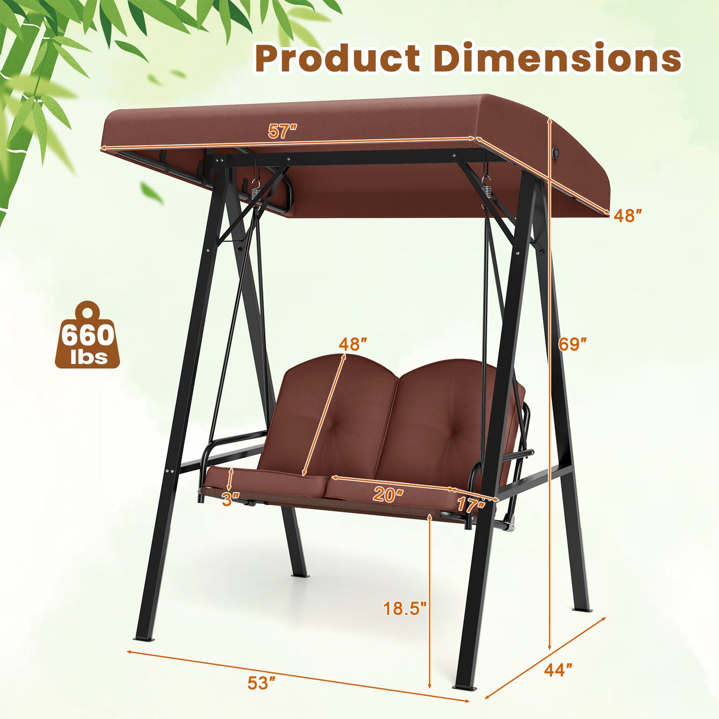 2-Person Outdoor Porch Swing with A-Shaped Metal Stand and Adjustable Canopy-Brown