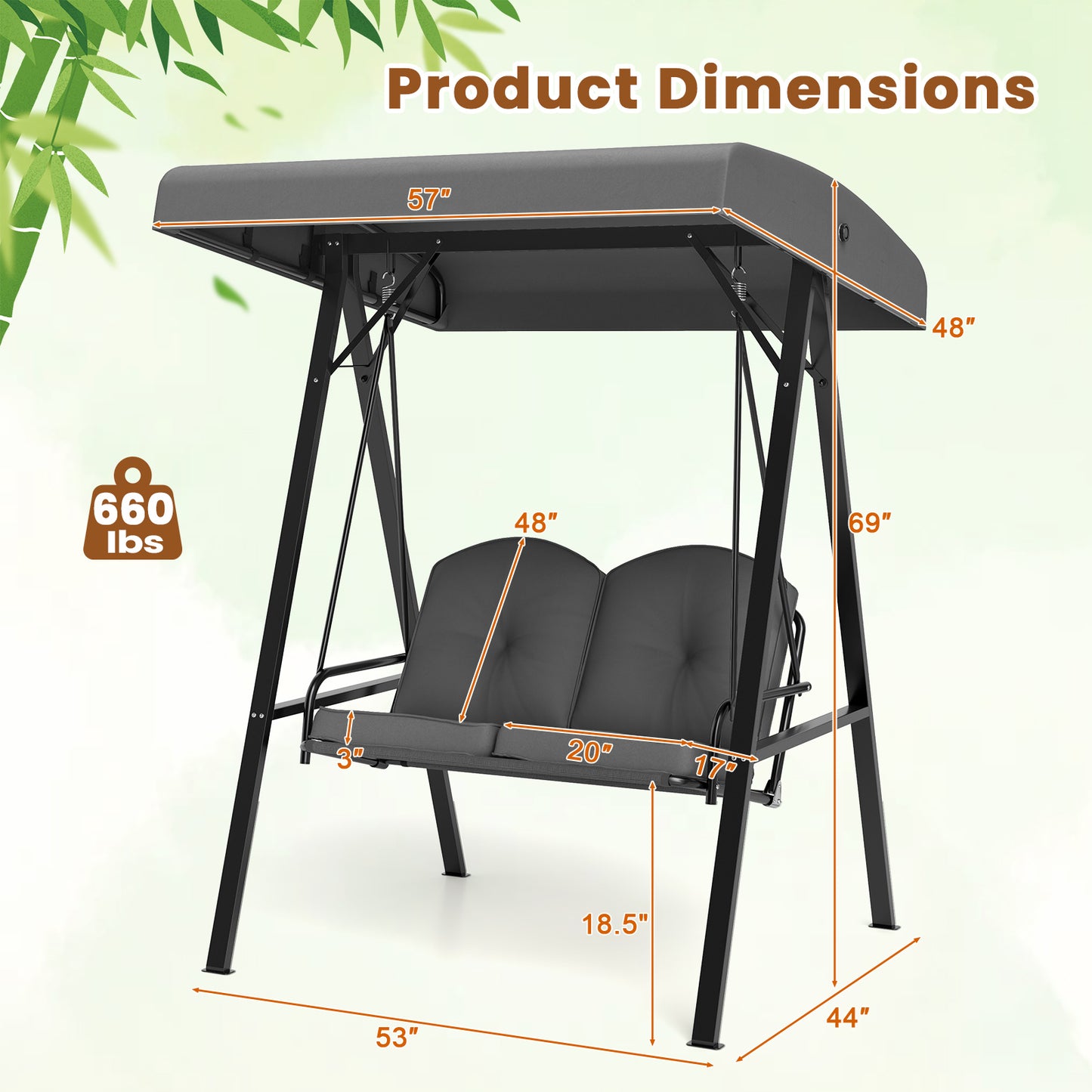 2-Person Outdoor Porch Swing with A-Shaped Metal Stand and Adjustable Canopy-Gray