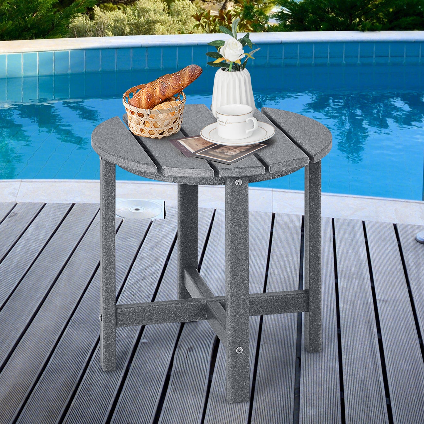 Set of 2 18 Inch Round Weather-Resistant Adirondack Side Tables-Gray