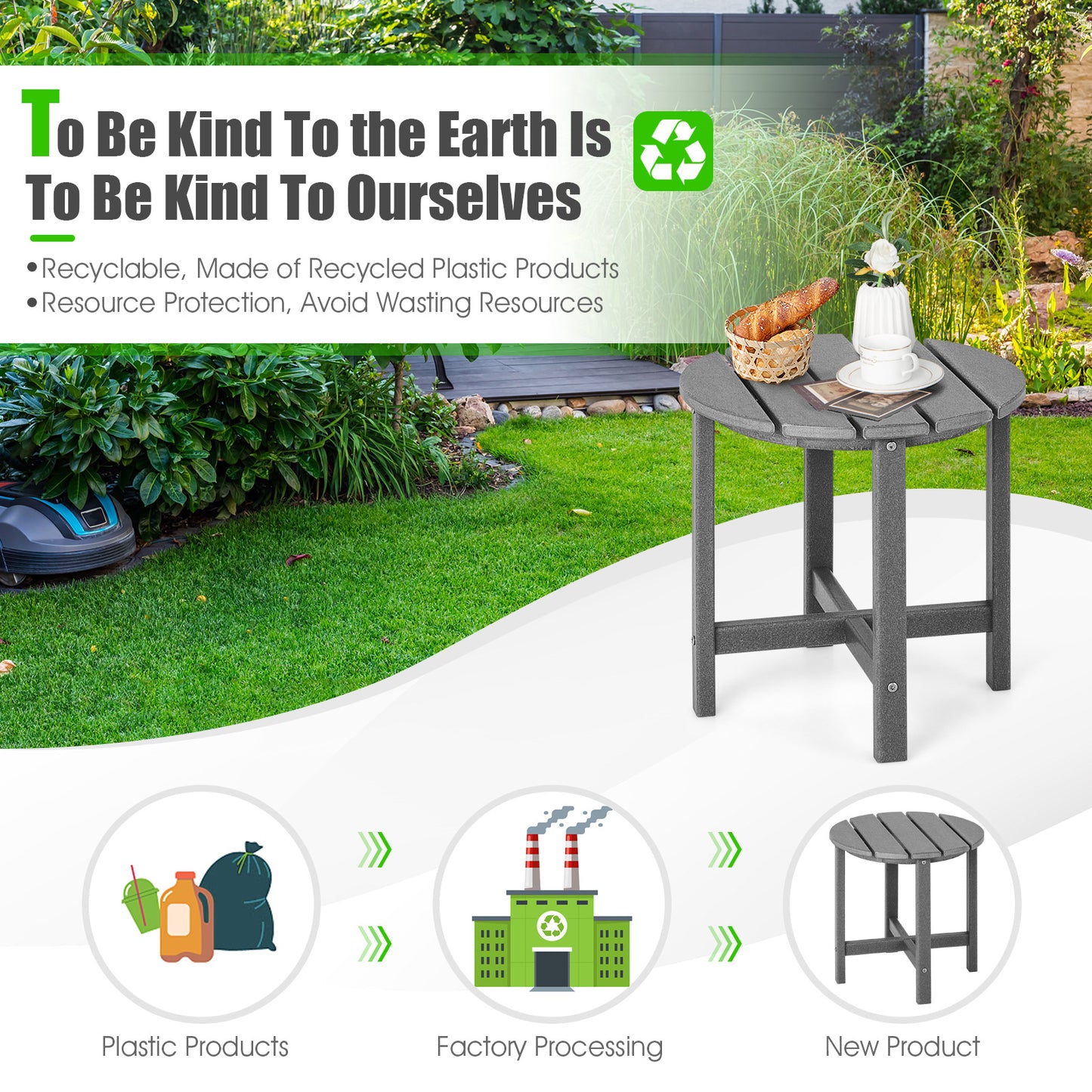 Set of 2 18 Inch Round Weather-Resistant Adirondack Side Tables-Gray