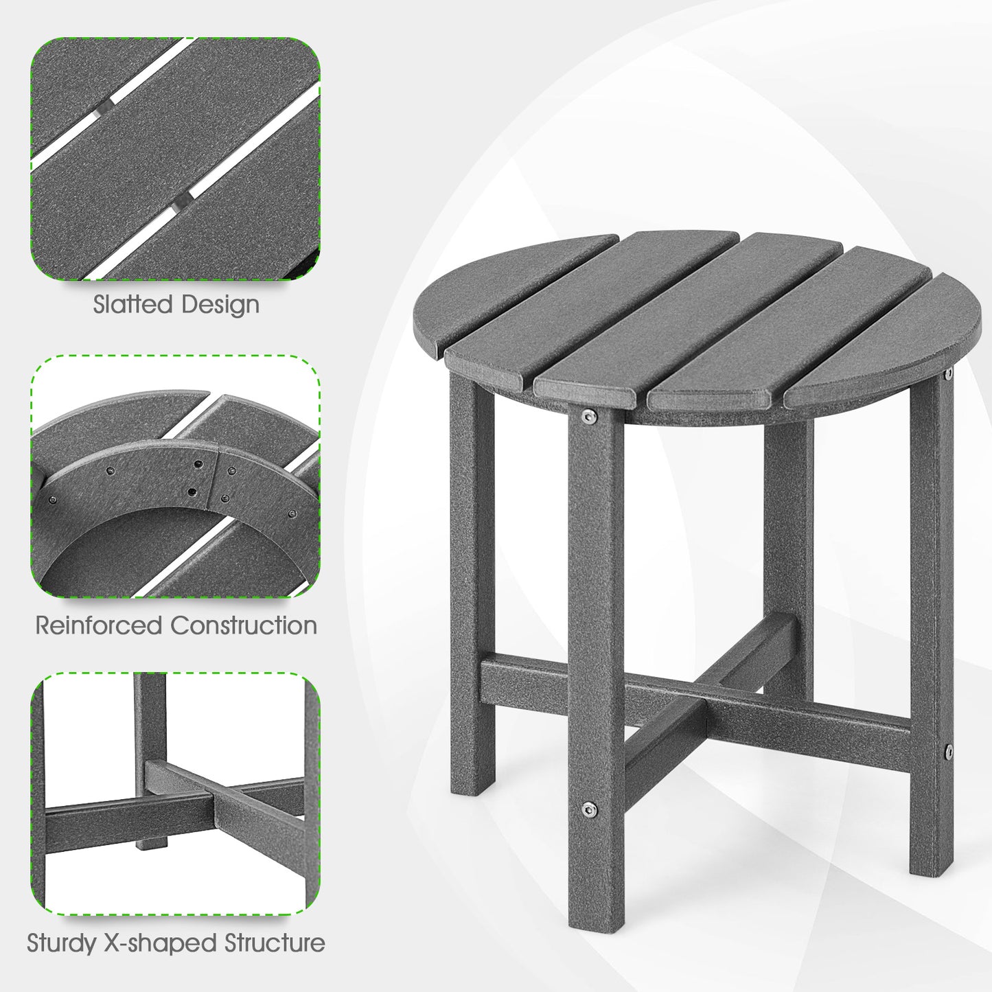 Set of 2 18 Inch Round Weather-Resistant Adirondack Side Tables-Gray