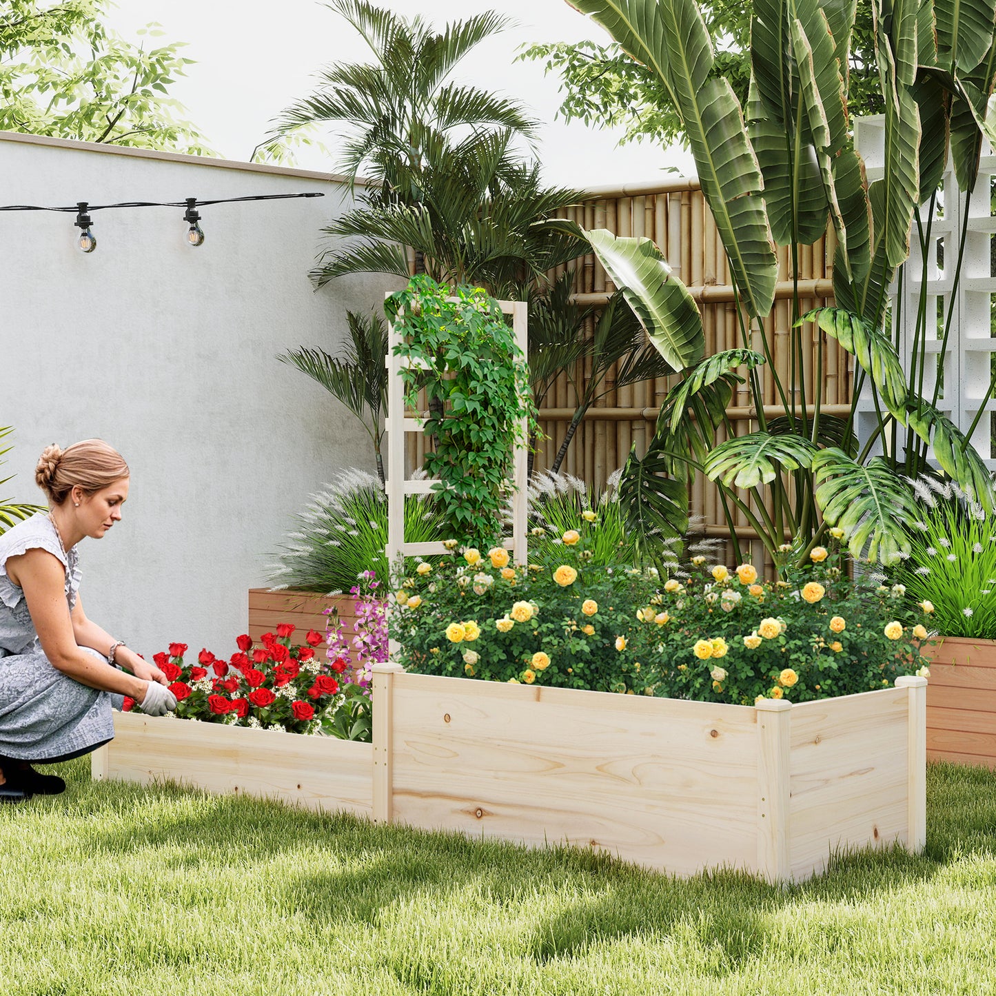 Raised Garden Bed with Trellis 87 Inch Wooden Elevated Planter with 2 Planter Boxes-Natural