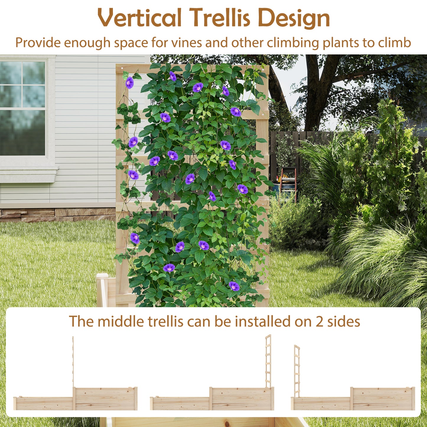 Raised Garden Bed with Trellis 87 Inch Wooden Elevated Planter with 2 Planter Boxes-Natural