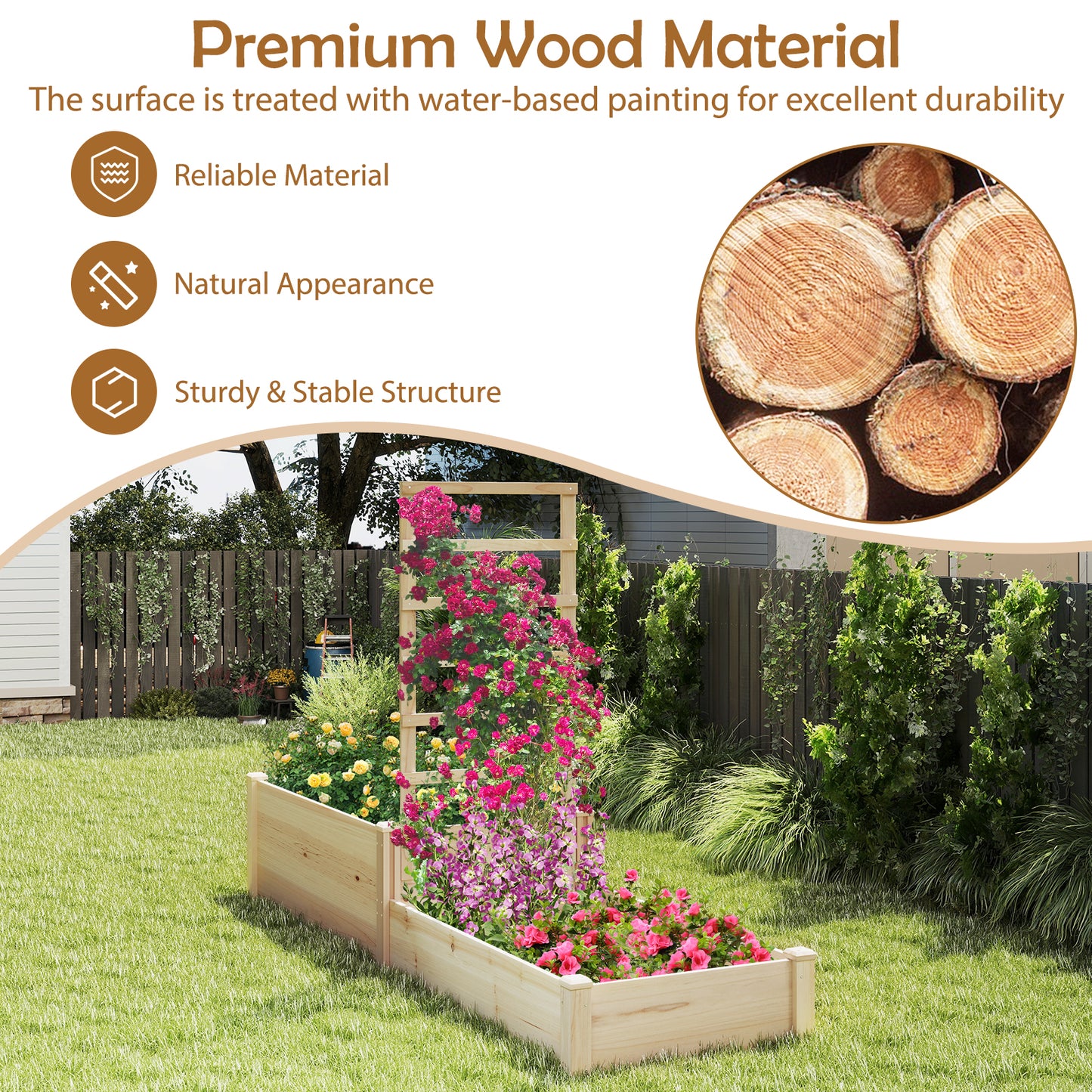 Raised Garden Bed with Trellis 87 Inch Wooden Elevated Planter with 2 Planter Boxes-Natural