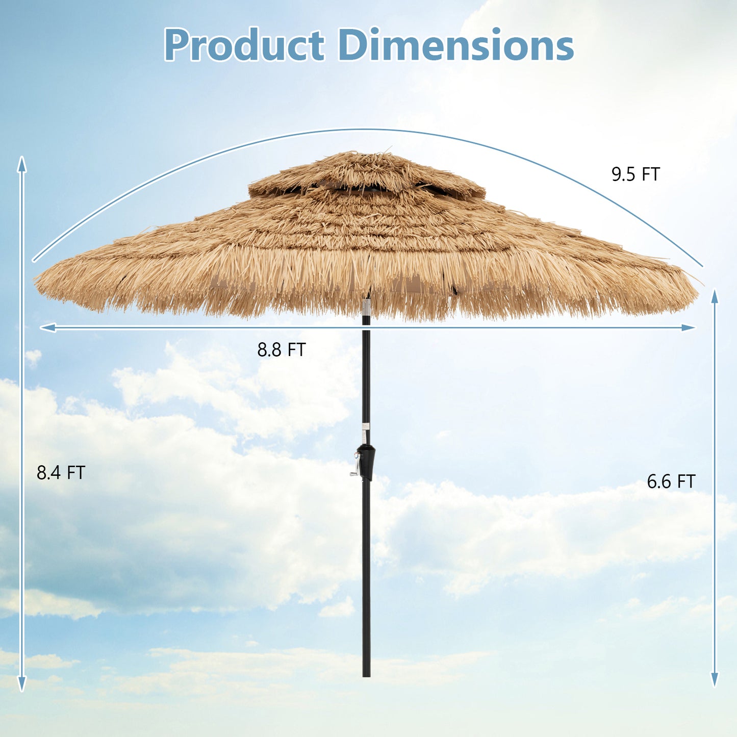9 Feet Solar Powered Thatched Tiki Patio Umbrella with Led Lights