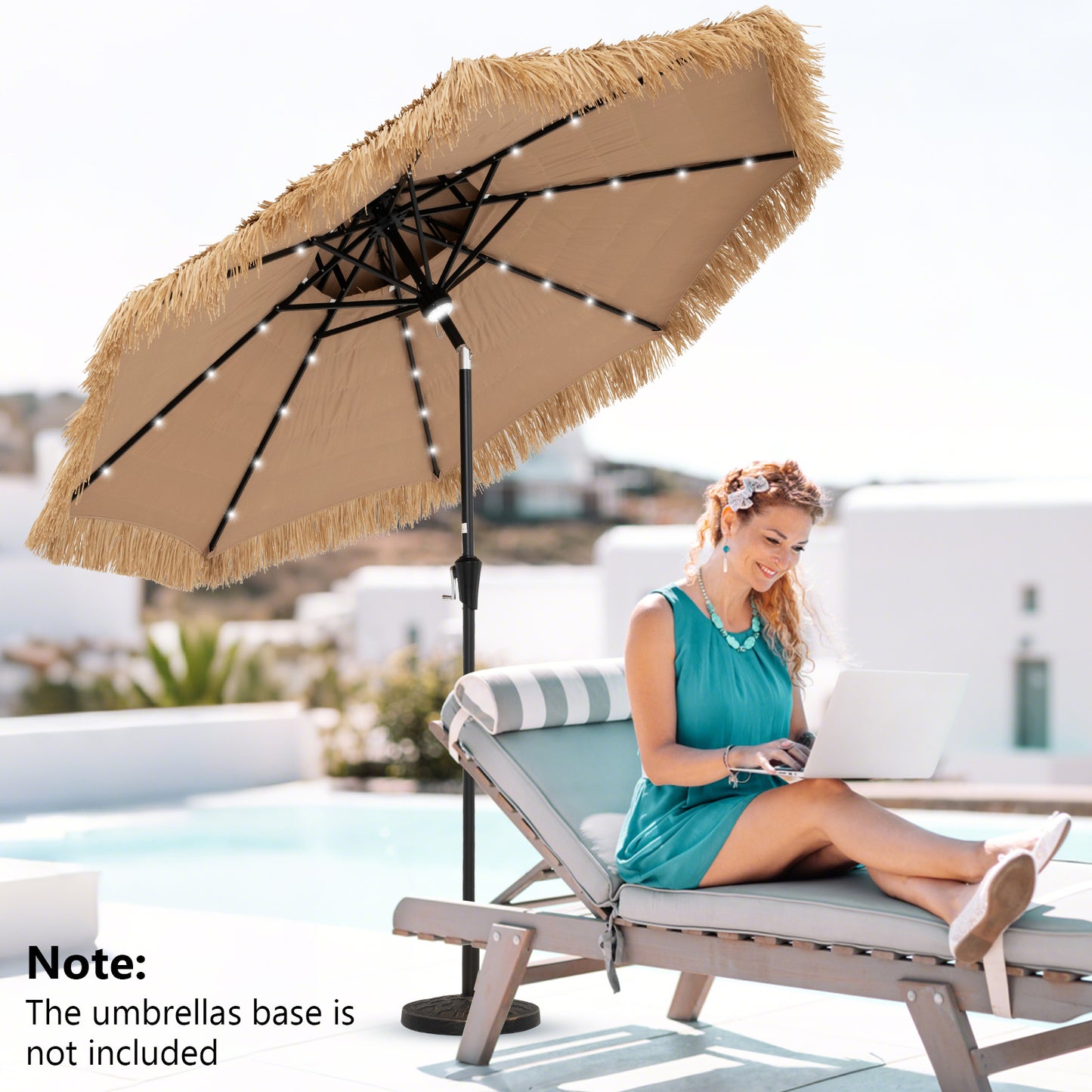 9 Feet Solar Powered Thatched Tiki Patio Umbrella with Led Lights
