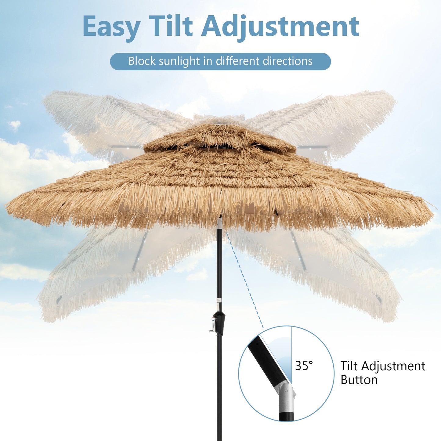 9 Feet Solar Powered Thatched Tiki Patio Umbrella with Led Lights