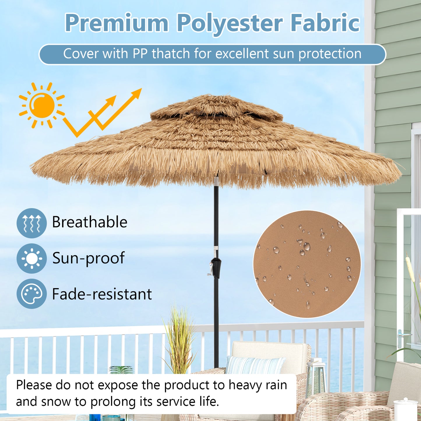 9 Feet Solar Powered Thatched Tiki Patio Umbrella with Led Lights